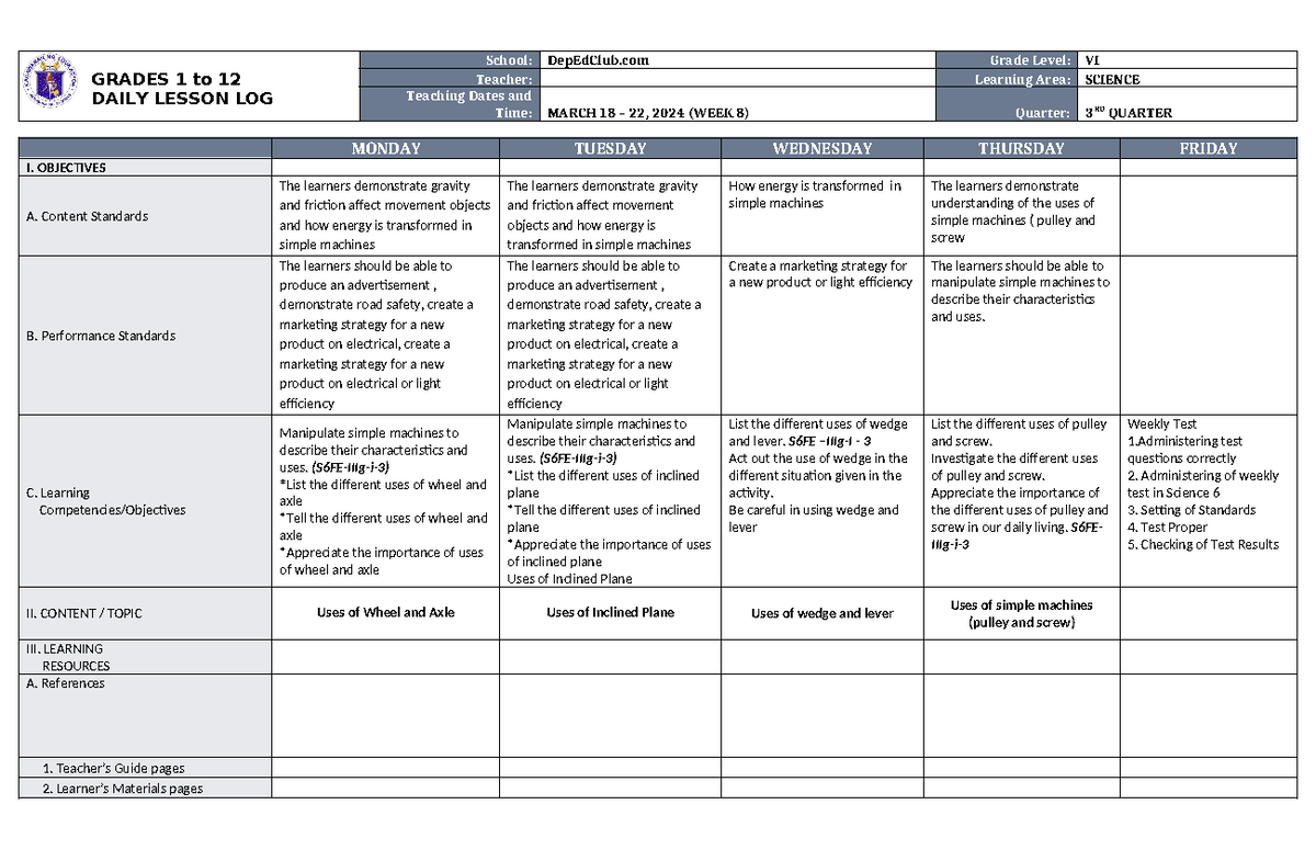 Dll Science 6 Q3 W8 Daily Lesson Log Grades 1 To 12 Daily Lesson Log School Depedclub Grade 5790