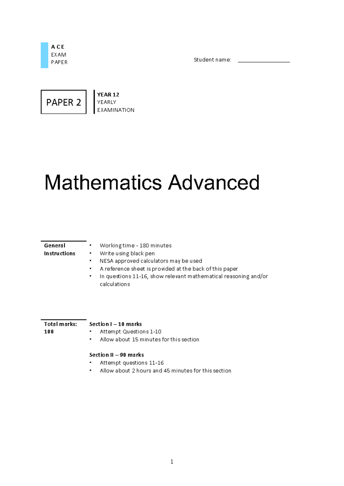 2020 2U - ACE Paper 2 - Trial Paper - A C E EXAM PAPER Student name