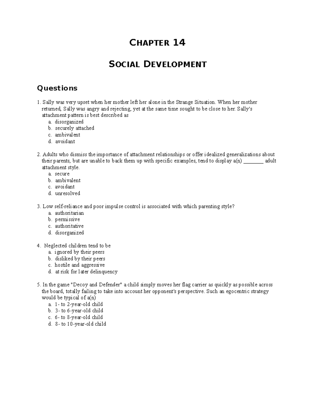 Ch14 Social Development - CHAPTER 14 SOCIAL DEVELOPMENT Questions Sally ...