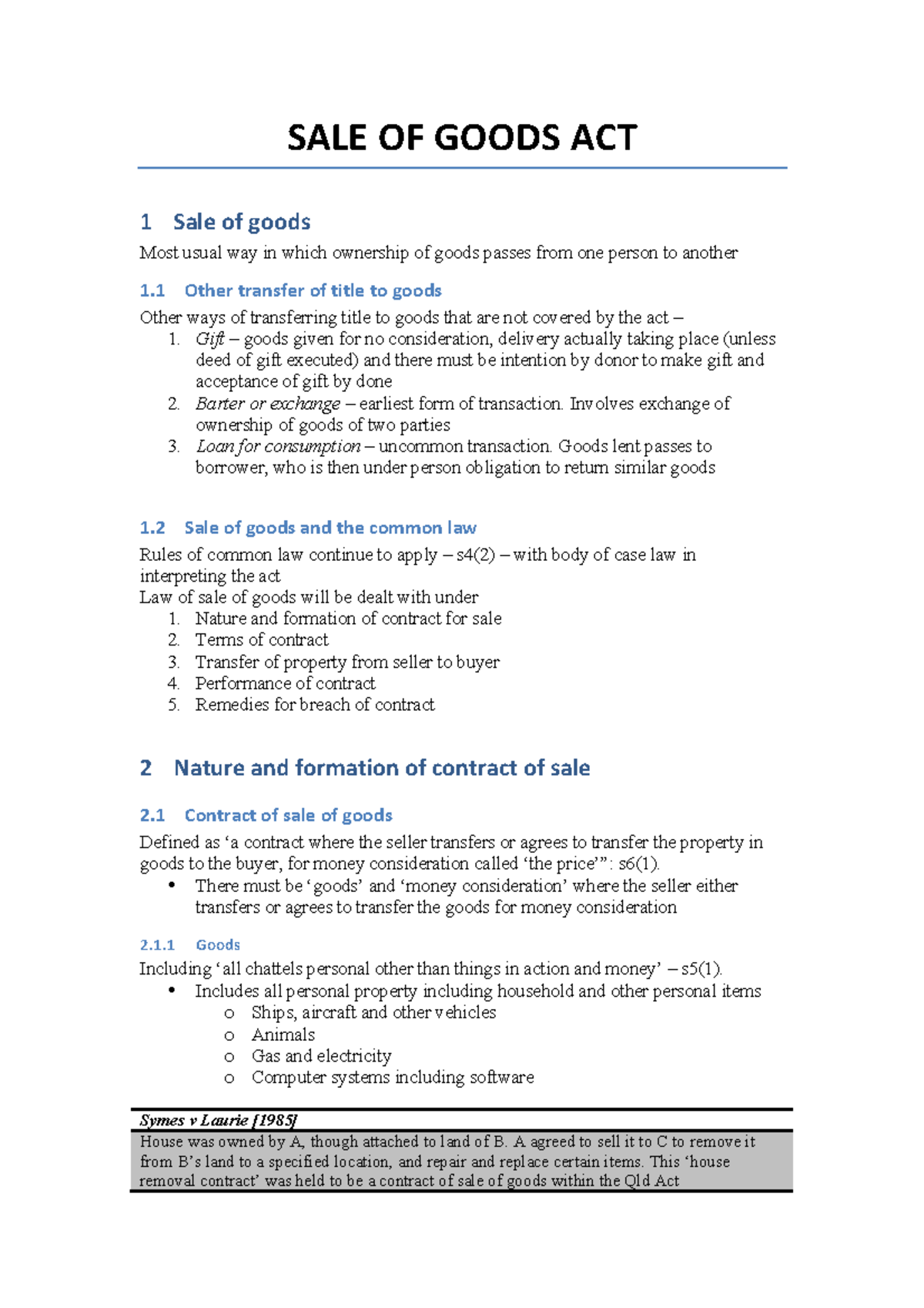 Sale of goods Act - Lecture notes 3 - SALE OF GOODS ACT 1 Sale of goods ...