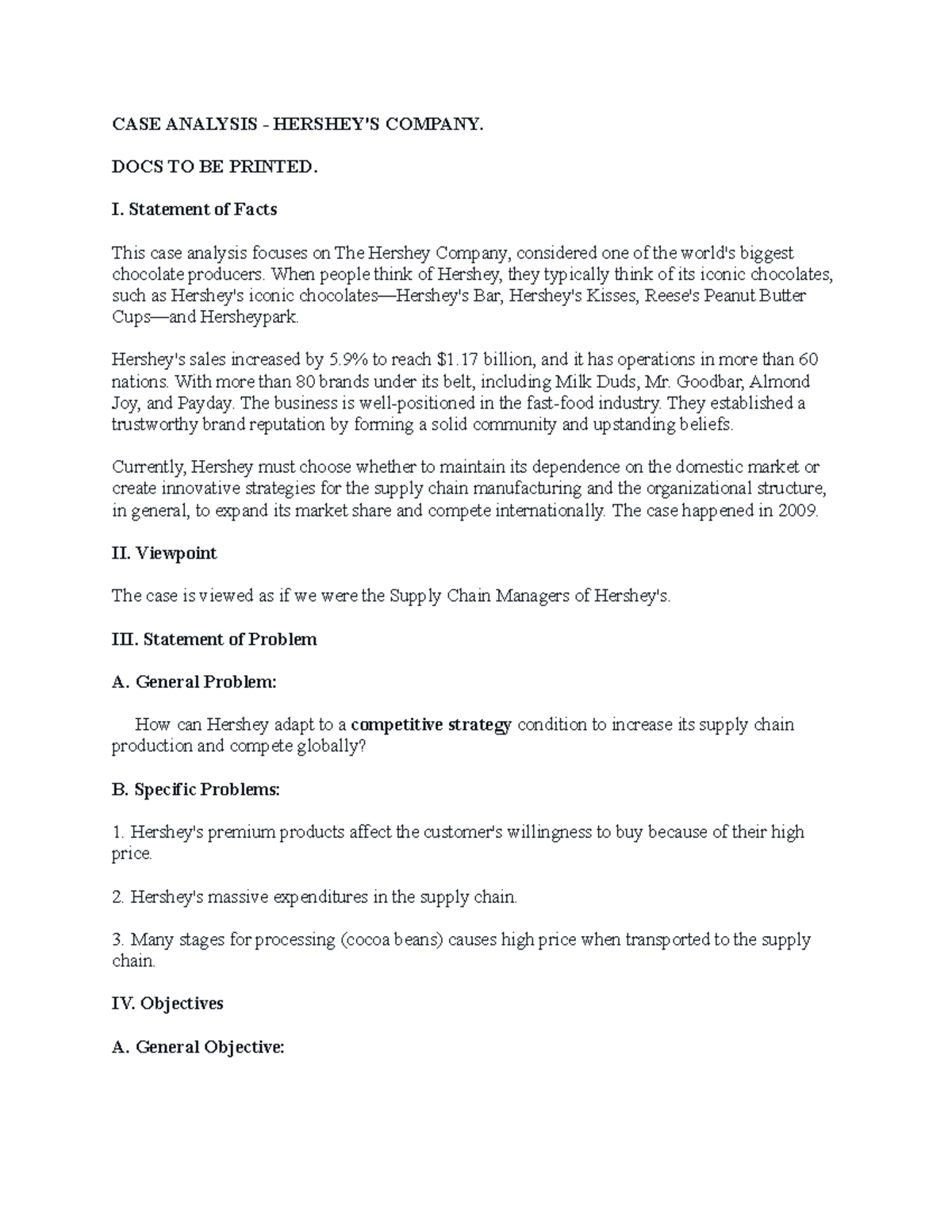 CASE Analysis gvnghfj CASE ANALYSIS HERSHEY'S COMPANY. DOCS TO BE