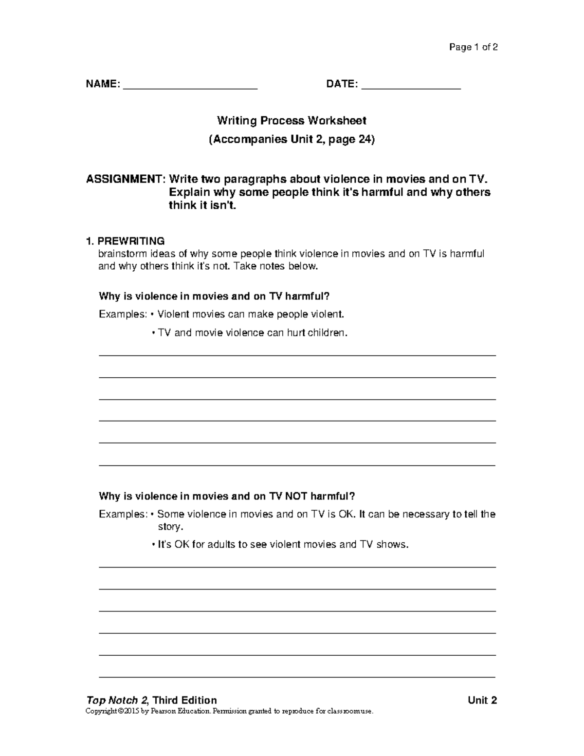 UNIT 02 Writing Process 3rd - Page 1 of 2 Top Notch 2 Copyright ©2015 ...