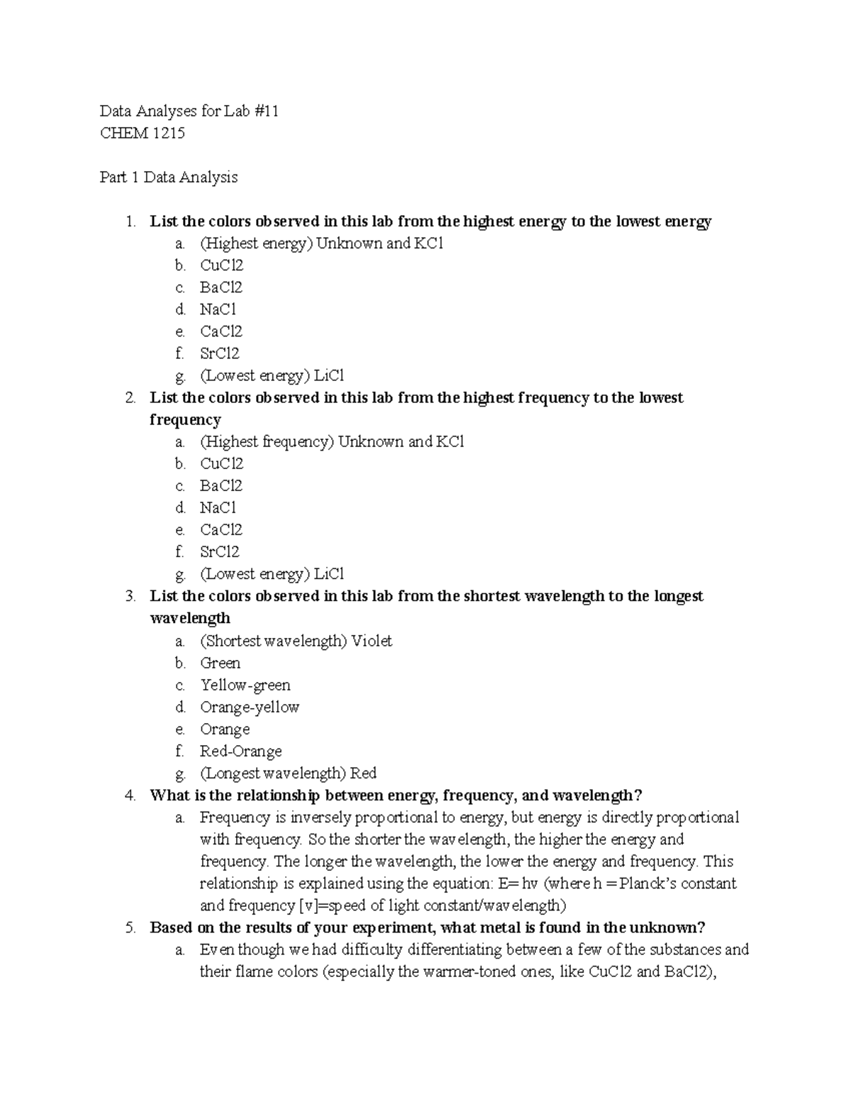 Data Analyses for Lab #11 - (Highest energy) Unknown and KCl b. CuCl c ...