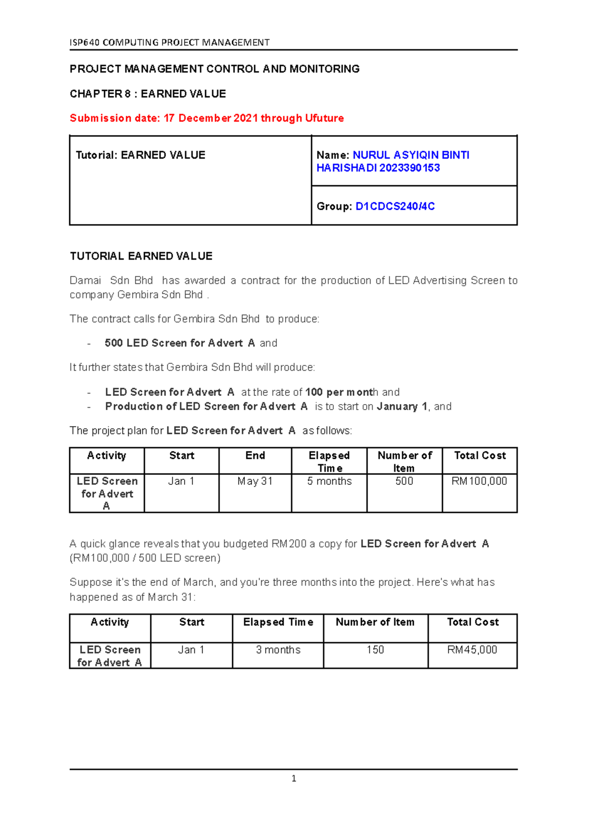 Tutorial Earned Value Question - Nurul Asyiqin - PROJECT MANAGEMENT ...