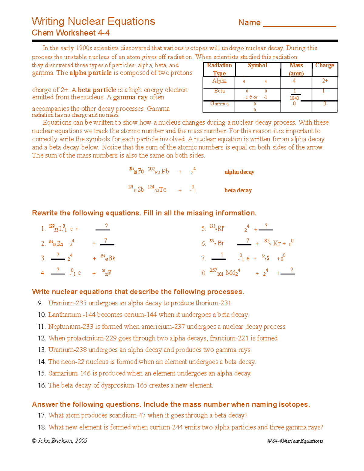 4-4Nuclear Equations copy - Writing Nuclear Equations Name Chem Worksheet 4-  In the - Studocu