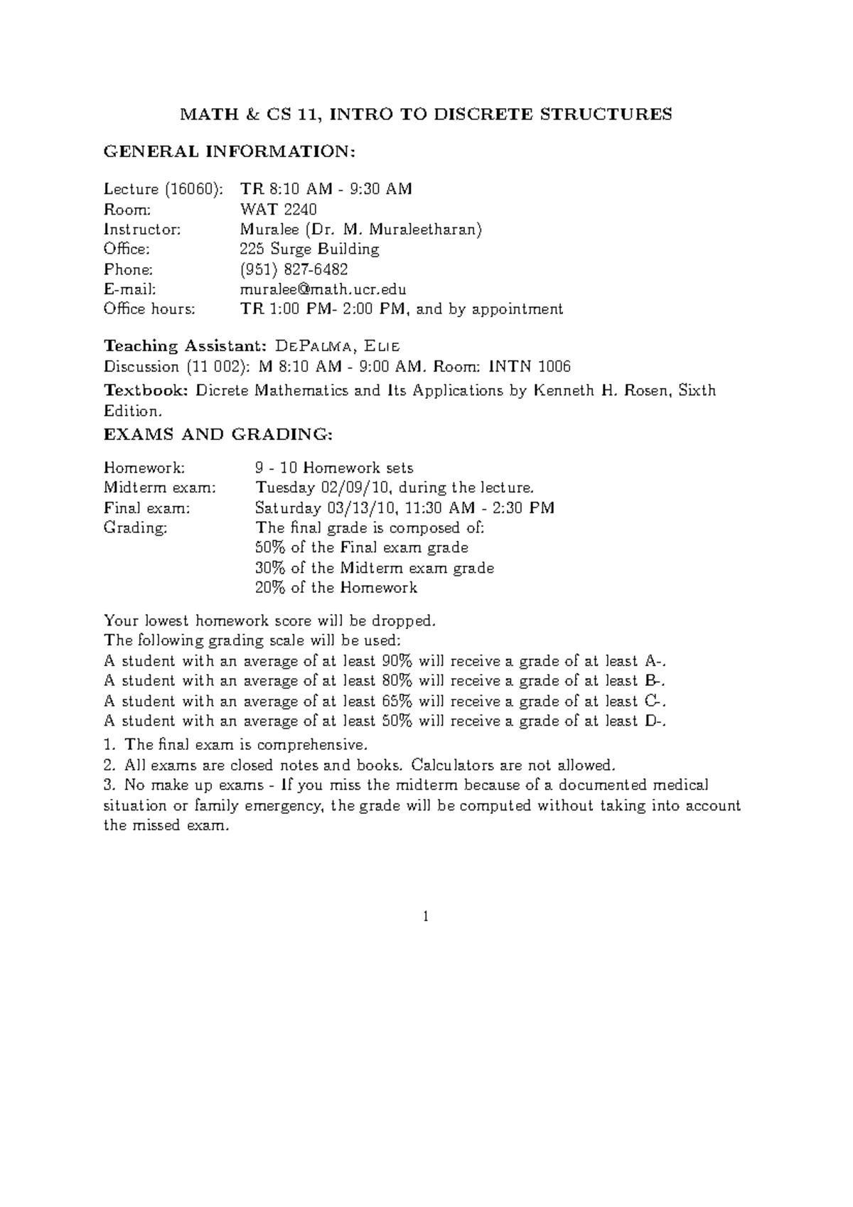 Course info 11 winter 10 math cs 11 intro to discrete structures
