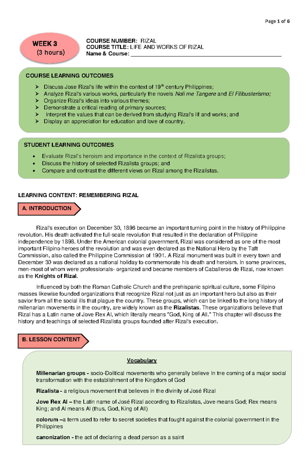 Week 3 rizal notes a - COURSE LEARNING OUTCOMES Discuss Jose Rizal's ...
