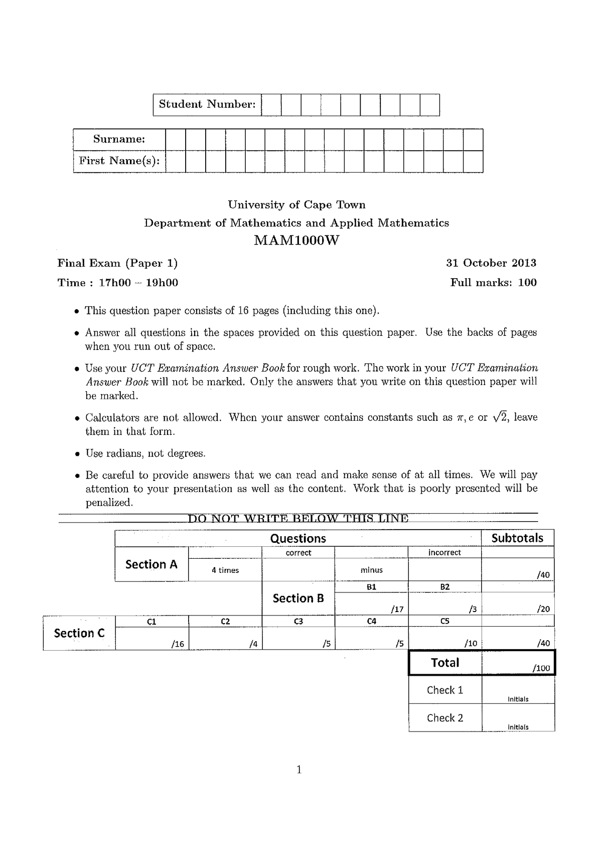 Exam paper 1 2013 - MAM1000W - Studocu