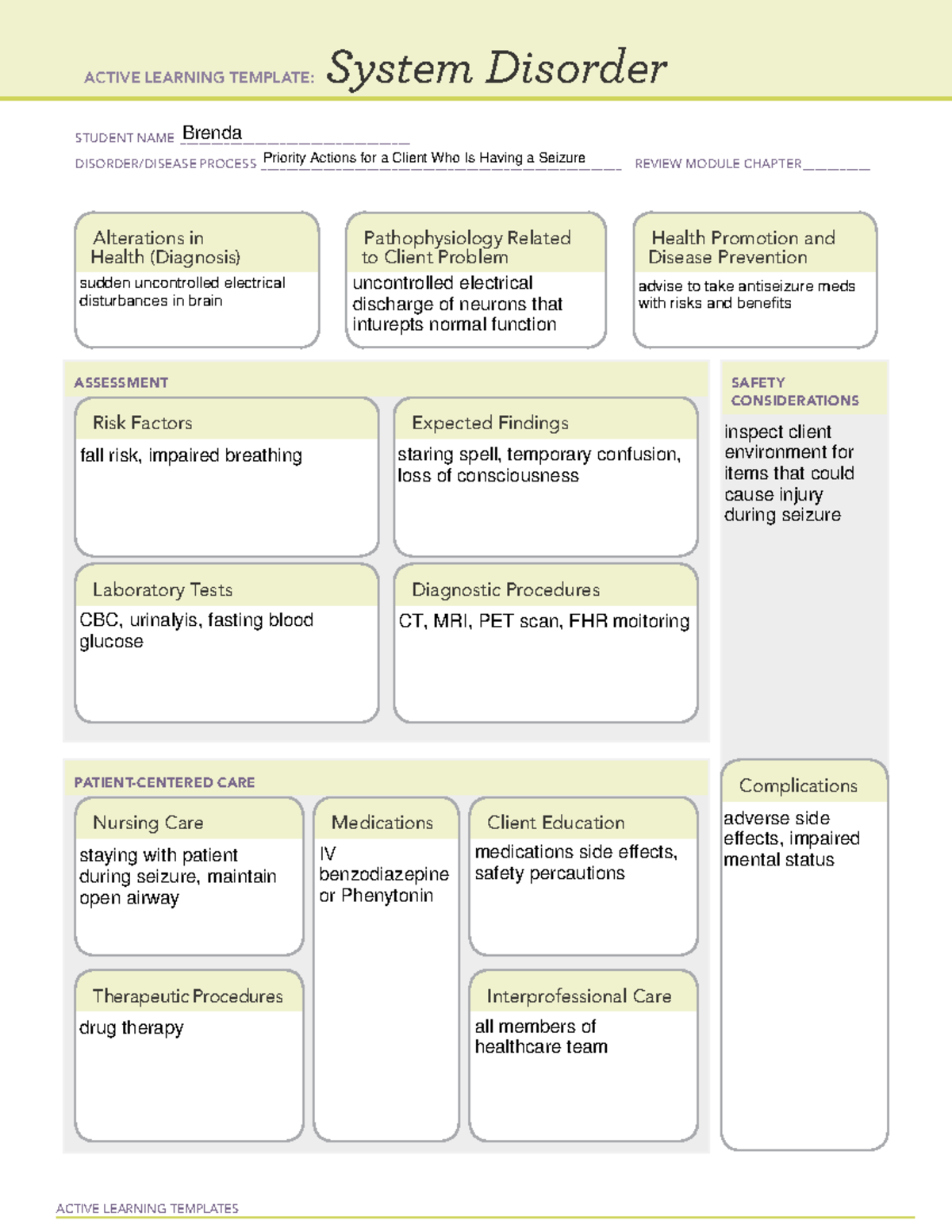 System Disorder Priority Actions for a Client Who Is Having a Seizure ...