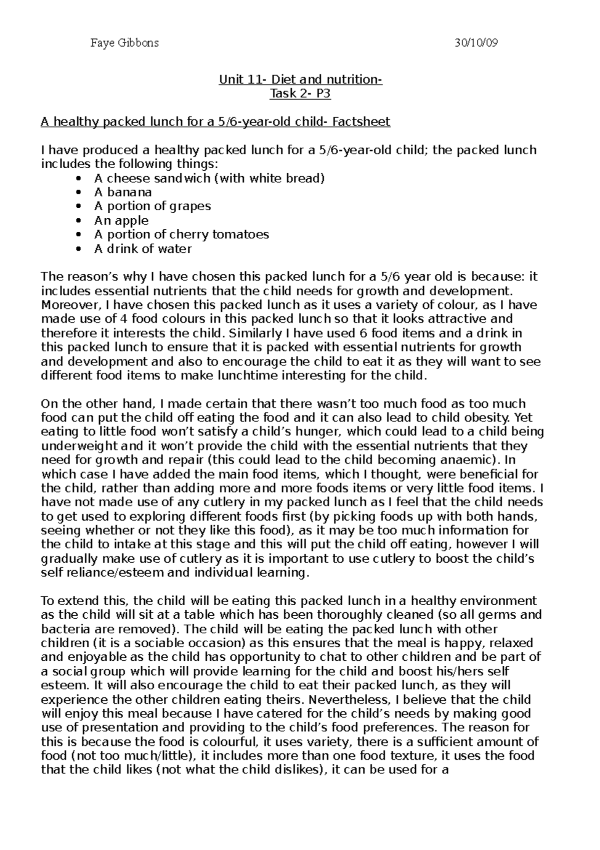 Unit 11 task 2-p3 factsheet - Faye Gibbons 30/10/09 Unit 11- Diet and ...