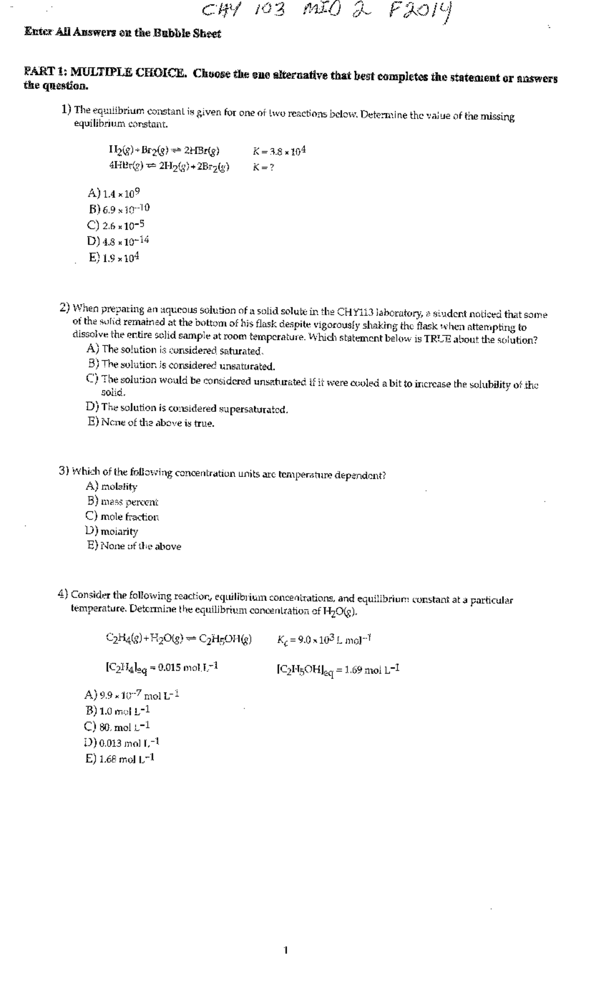 CHY 103 mid 2 2014 - midterm sample paper - CHY 102 - Studocu