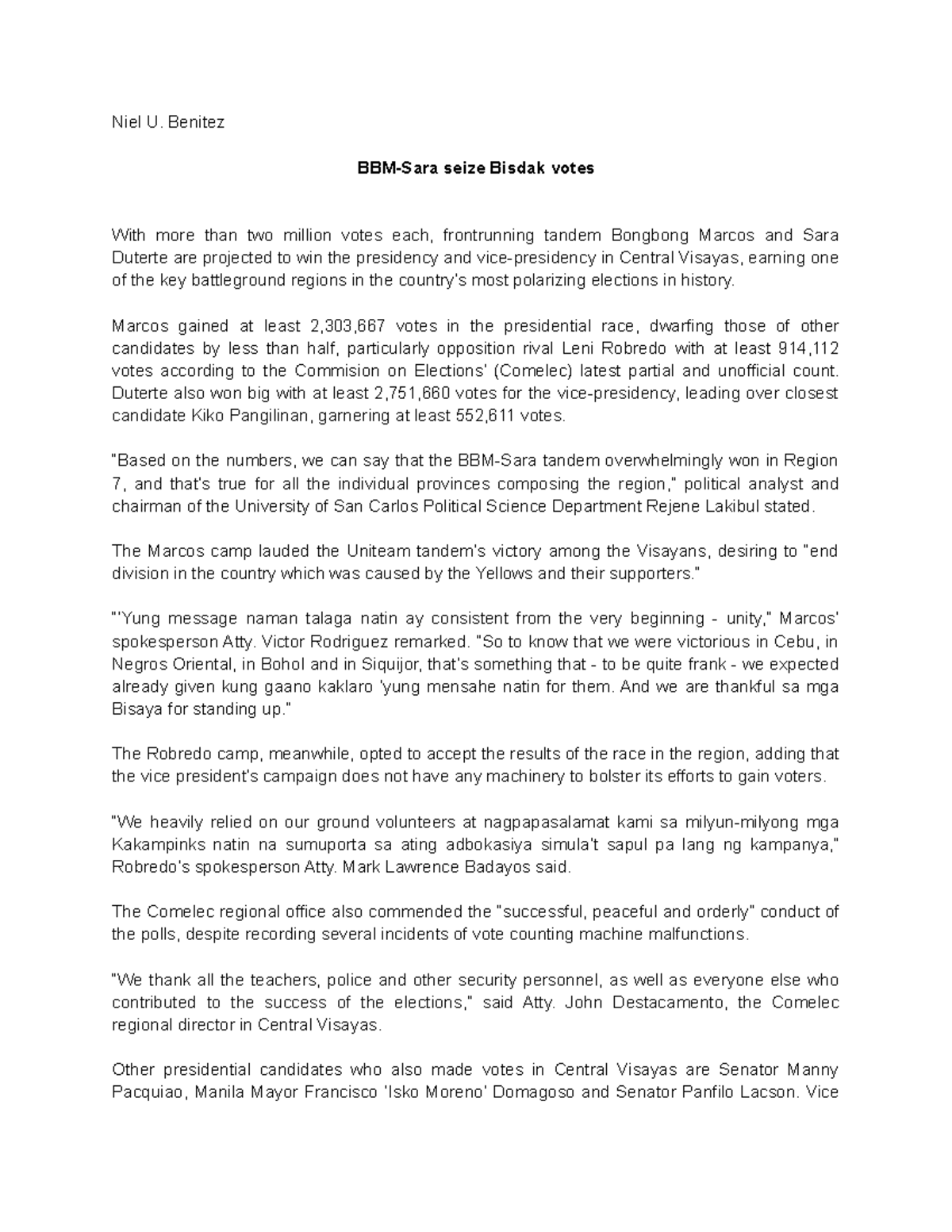 News piece - A sample news article - Niel U. Benitez BBM-Sara seize ...