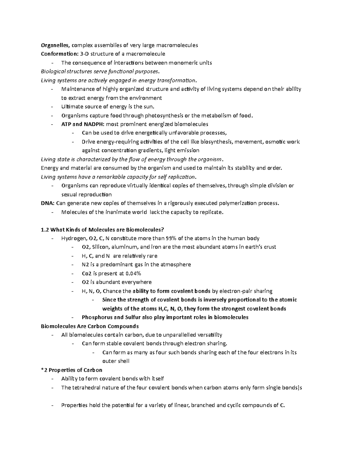 BIOC Ch 1 - Summary Biochemistry - Organelles, complex assemblies of ...