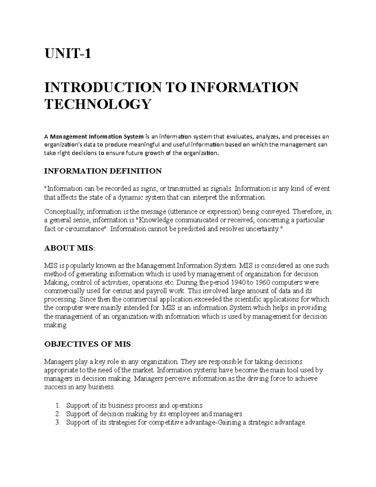 MIS UNIT 1 - Lecture Notes 1 - UNIT-1 INTRODUCTION TO INFORMATION ...