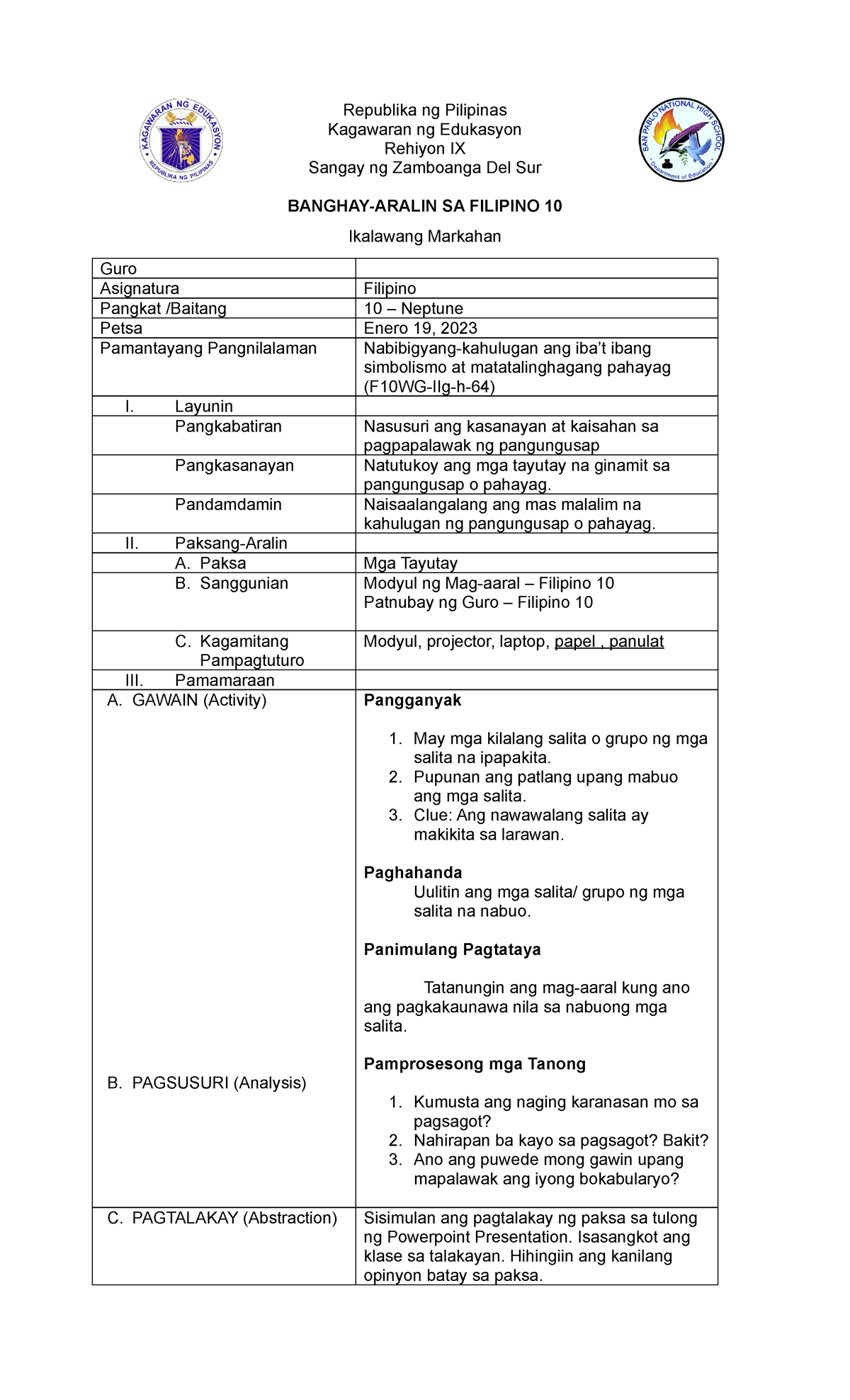 Banghay Aralin Sample Lesson Plan Republika Ng Pilipinas Kagawaran ...