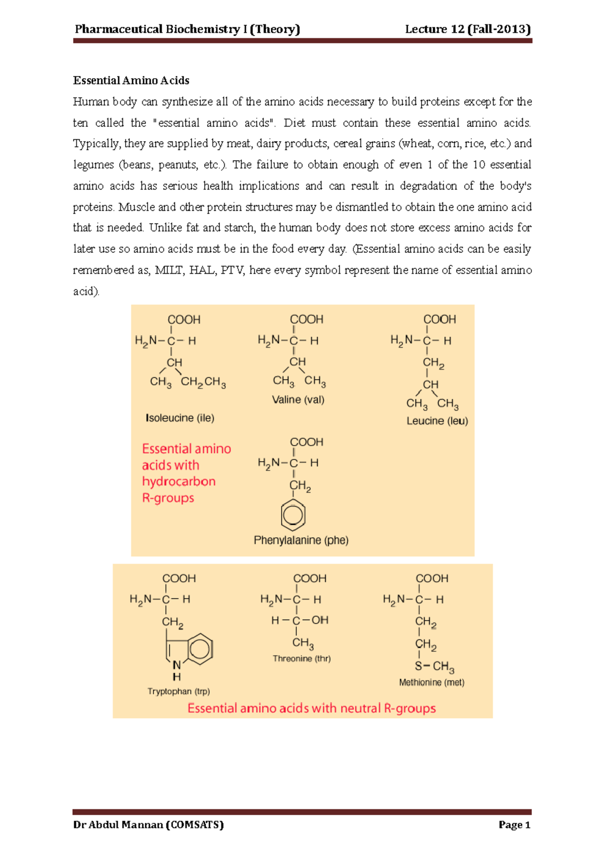 Lecture No 12 Lec Essential Amino Acids Human body can synthesize