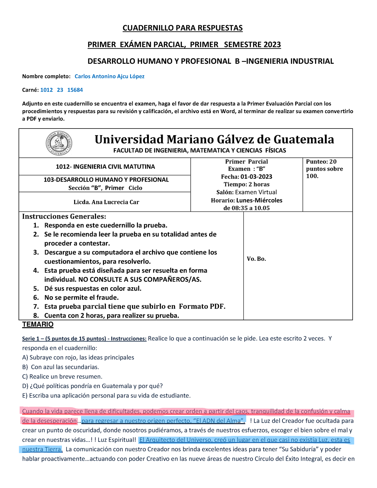 Ingenieria Industrial, Primer Examen Parcial B- 23- Semana DEL 27 DE ...