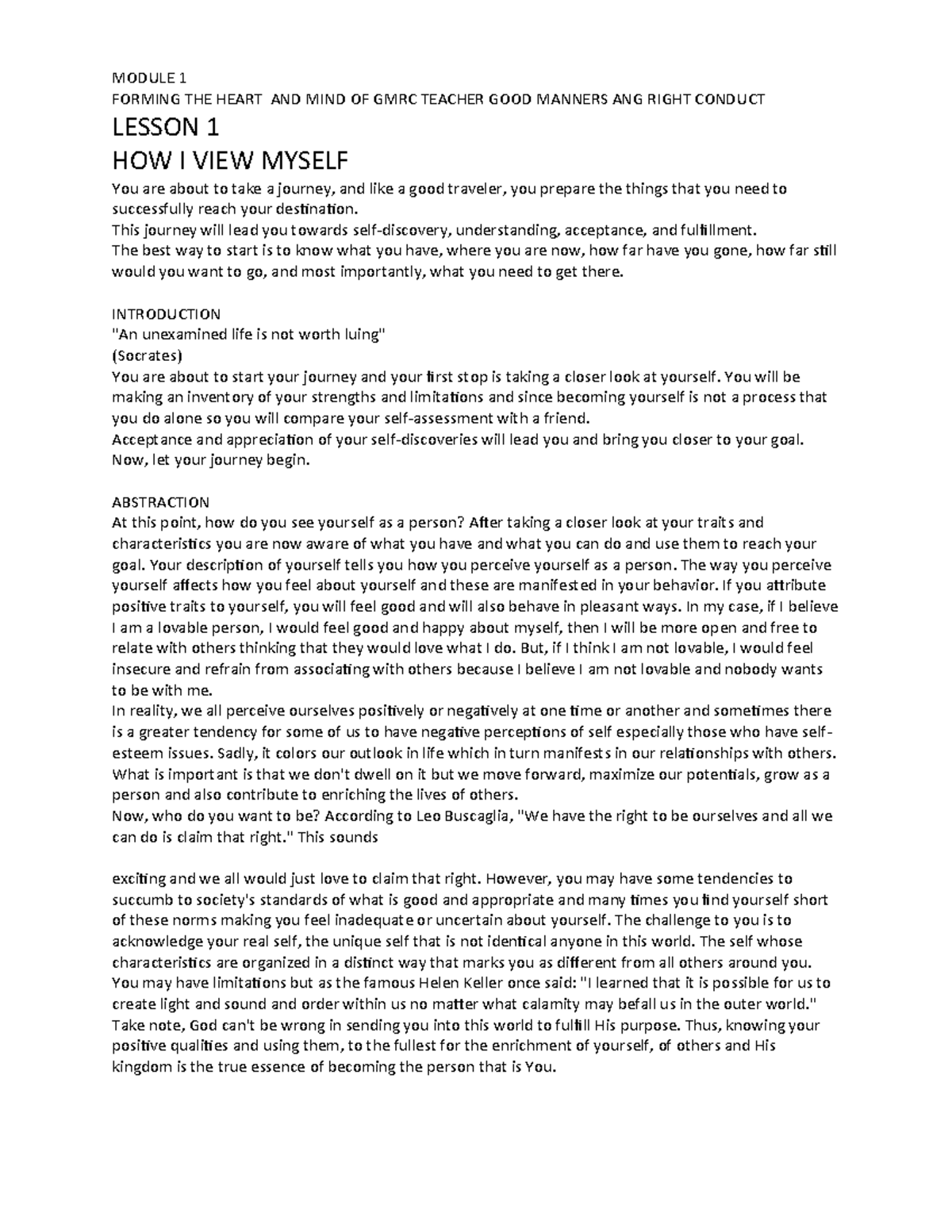 GMRC Lessons - NOTES/LESSON - MODULE 1 FORMING THE HEART AND MIND OF ...