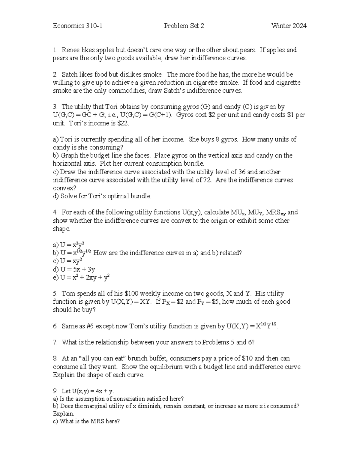 310-1 Winter 2024 PS2 - PSET 2 - Economics 310-1 Problem Set 2 Winter ...