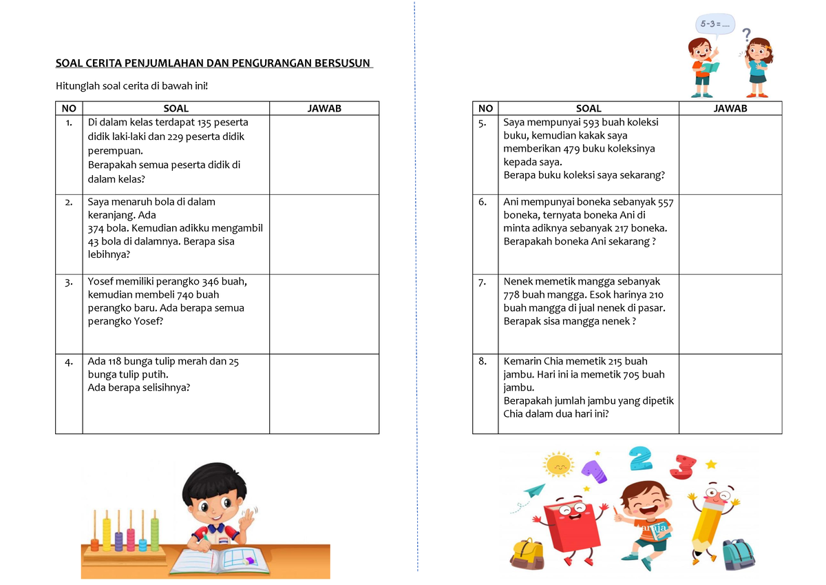 SOAL Cerita Penjumlahan DAN Pengurangan Bersusun - SOAL CERITA ...