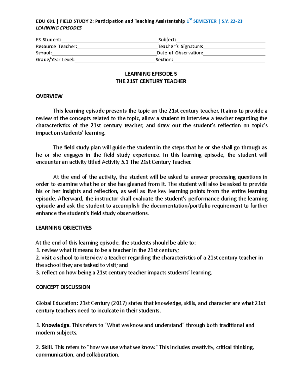 EDU 601 P3 Learning Episode 5 6 1 - EDU 601 | FIELD STUDY 2 ...