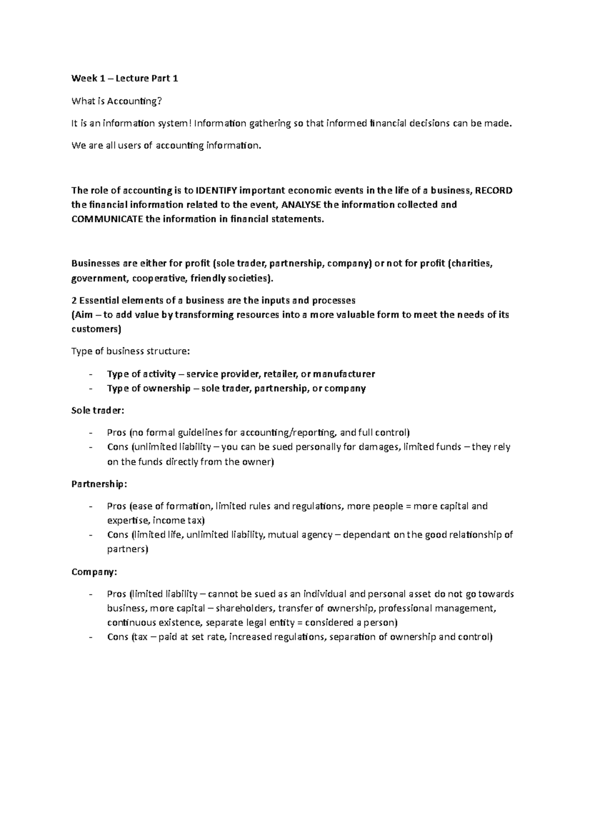 Week 1 - Lecture Notes - Accounting - Week 1 – Lecture Part 1 What is ...