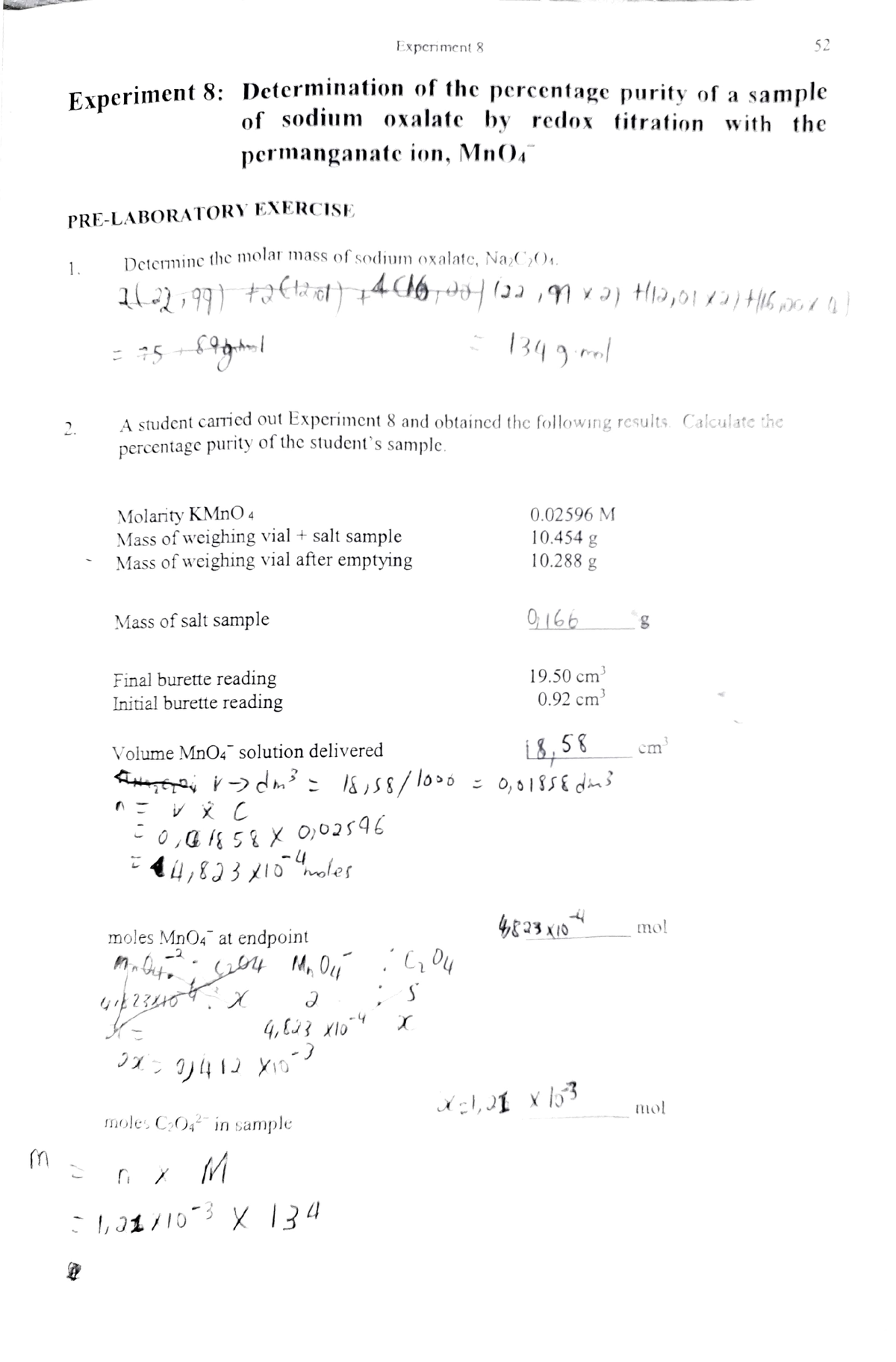 Exp8 chem for 222025934 - Expcrimcnt 8 Exneriment 8: Determination ot ...