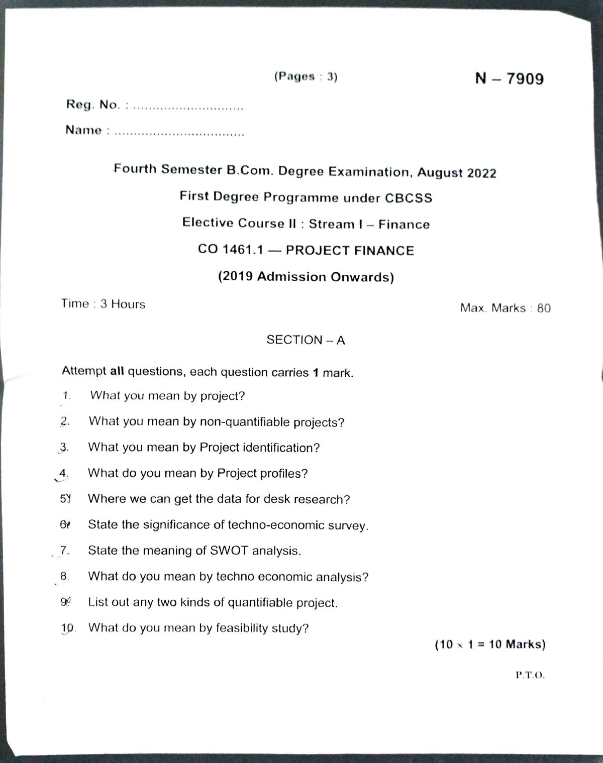 Project Finance Question Paper,bcom Finance, 2022-2023 - Reg. No. Name ...