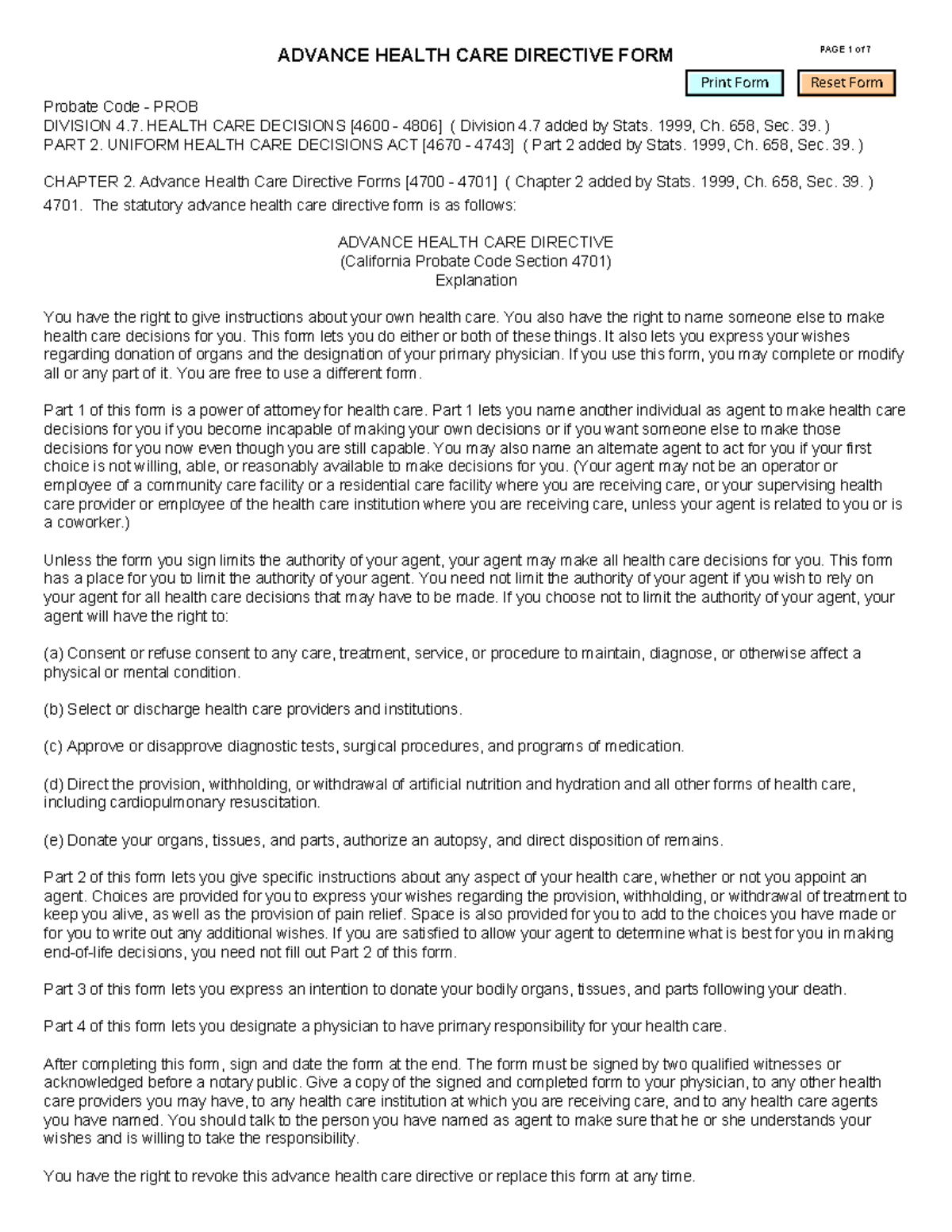 Probate Code Advance Health Care Directive Form-fillable - Probate Code ...