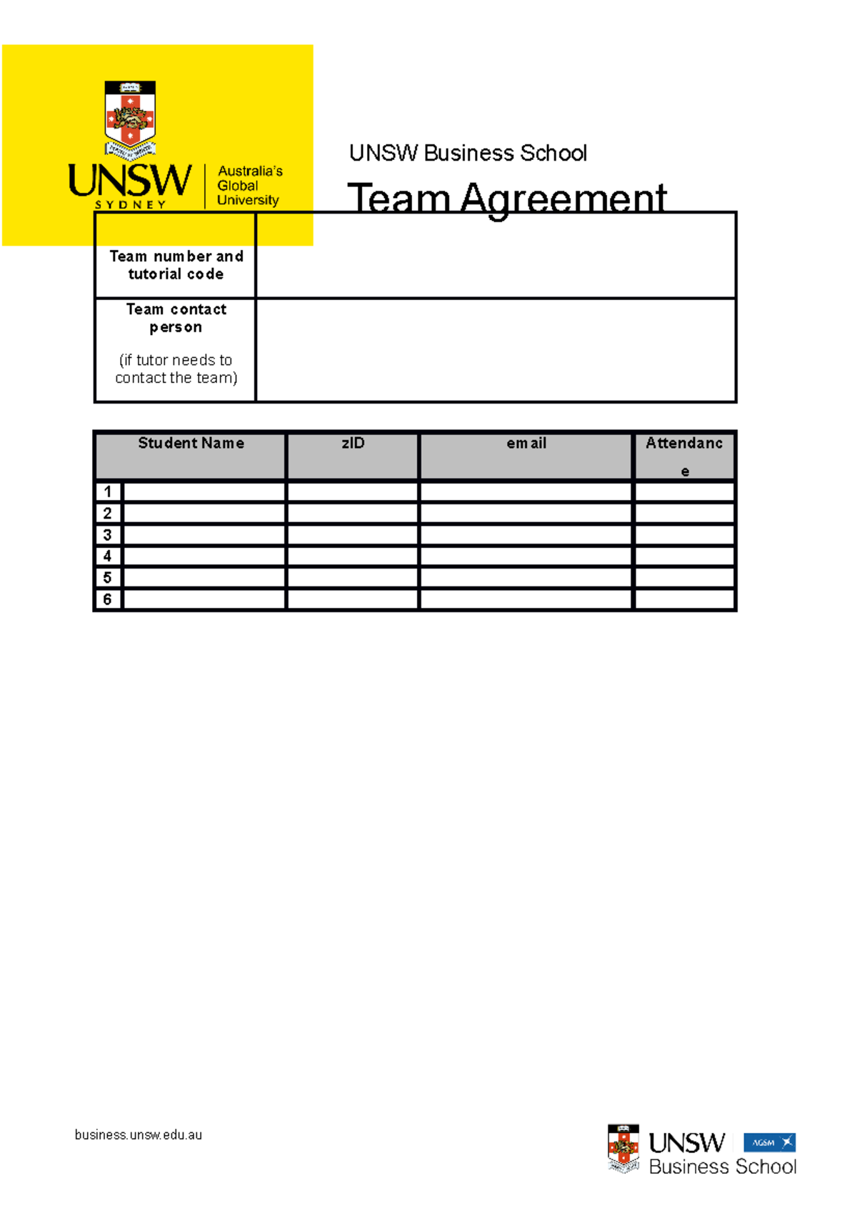 Study Team Agreement - MGMT1001 Template - Team Agreement UNSW Business ...