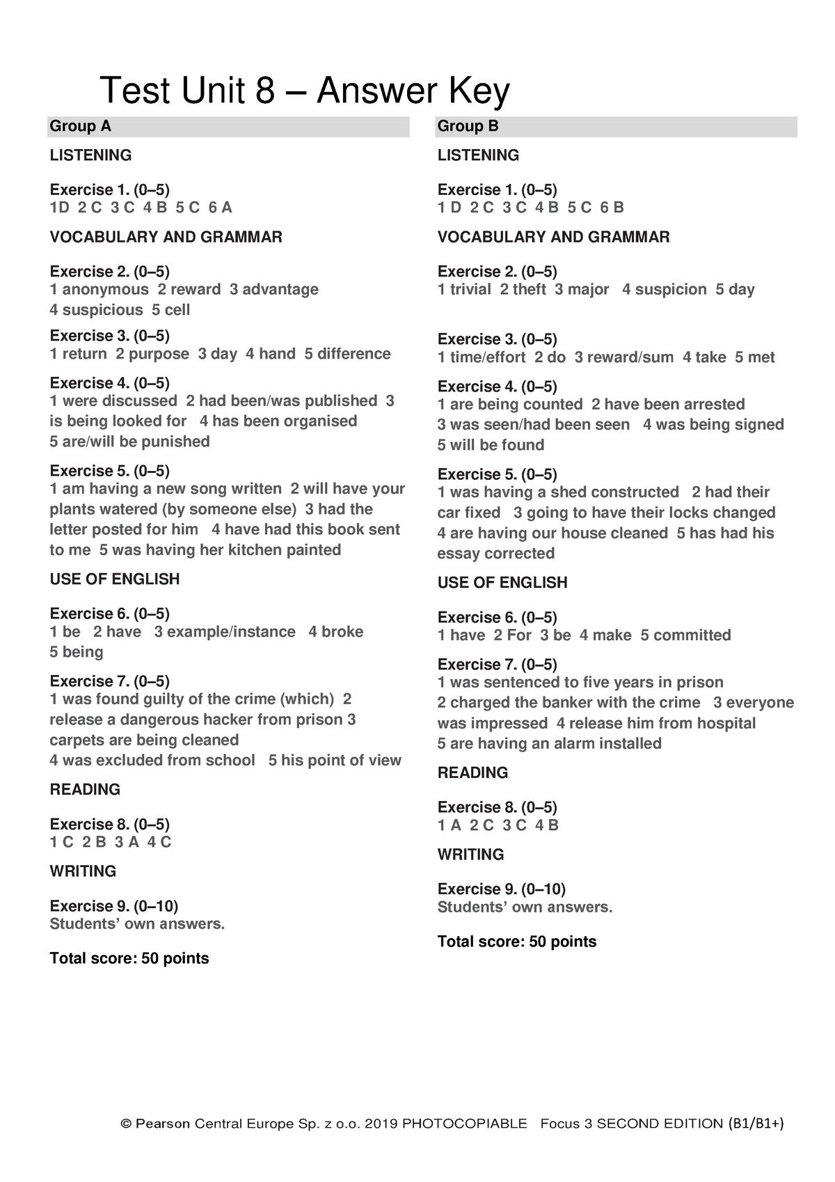 Focus 3 2E Test Unit8 Answers - © Pearson Central Europe Sp. Z O. 2019 ...