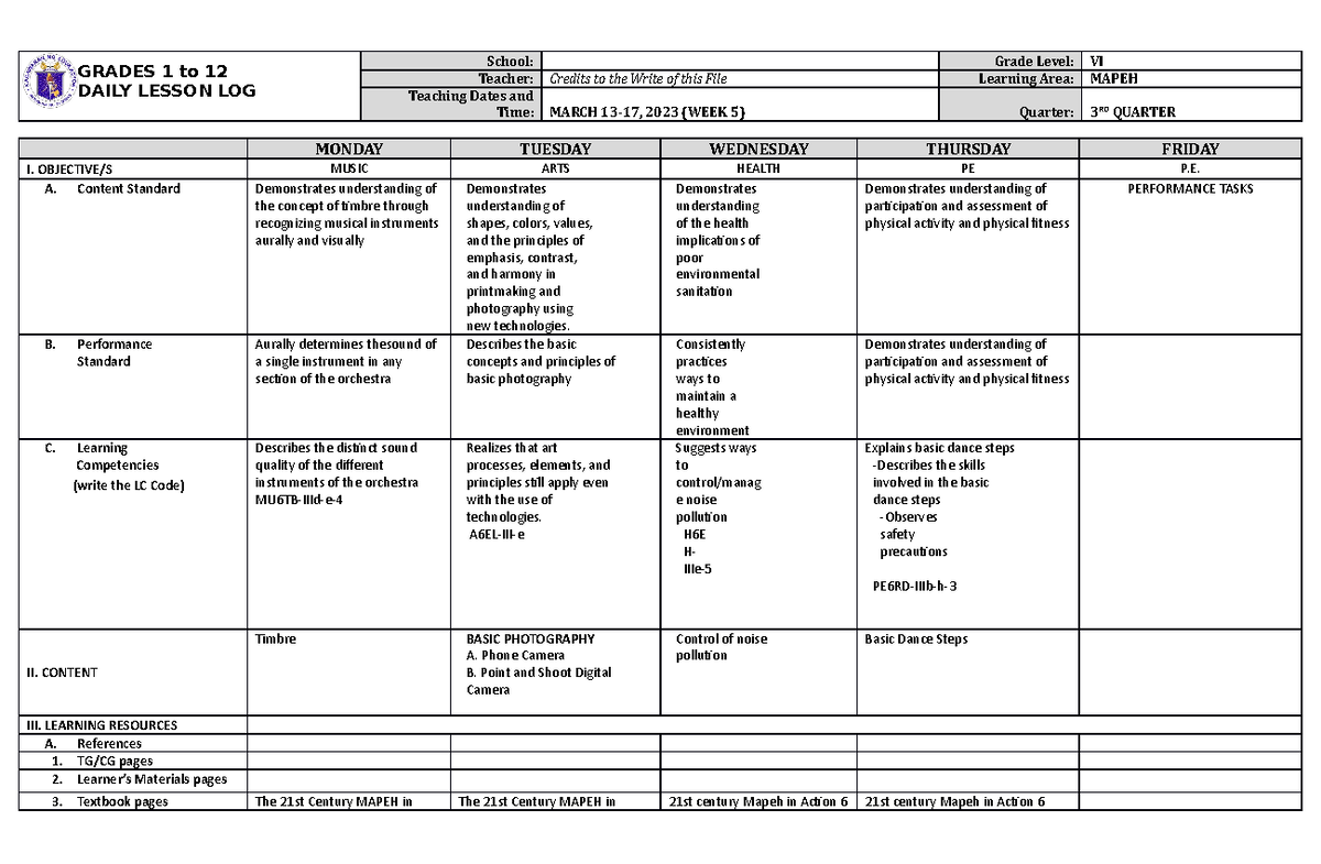 Dll Mapeh 6 Q3 W5 For Document Grades 1 To 12 Daily Lesson Log