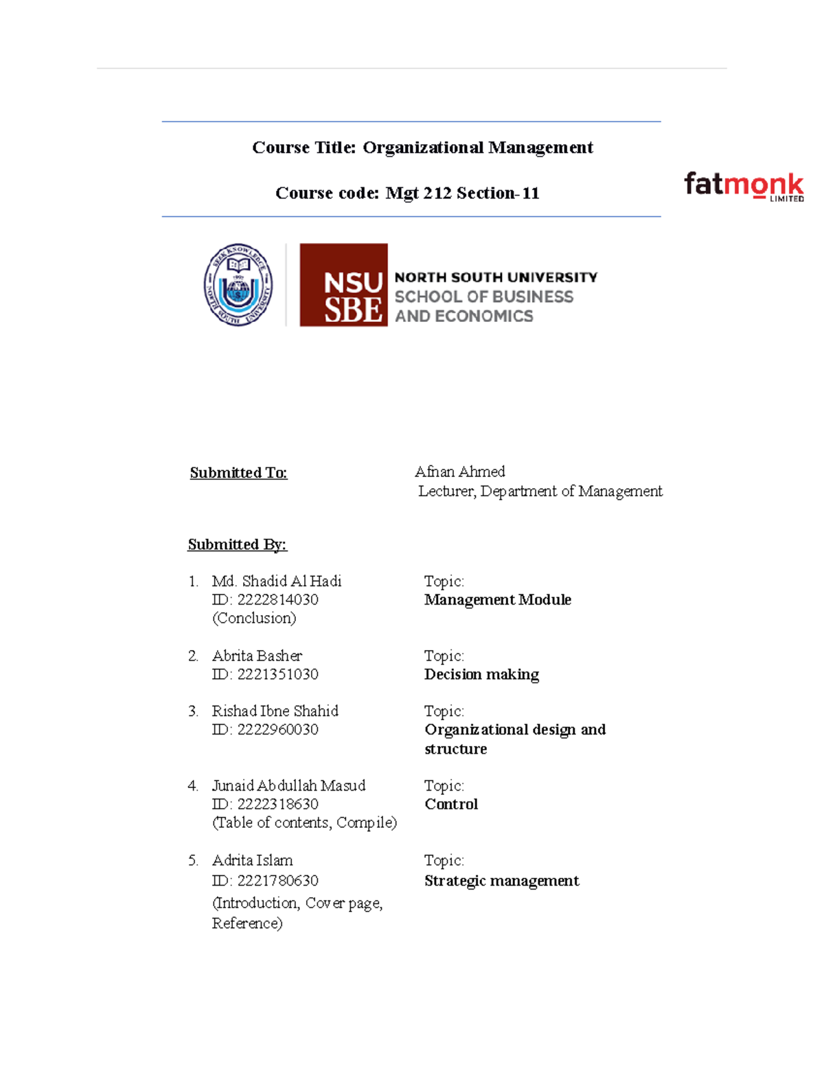 Final Report - Course Title: Organizational Management Course Code: Mgt ...