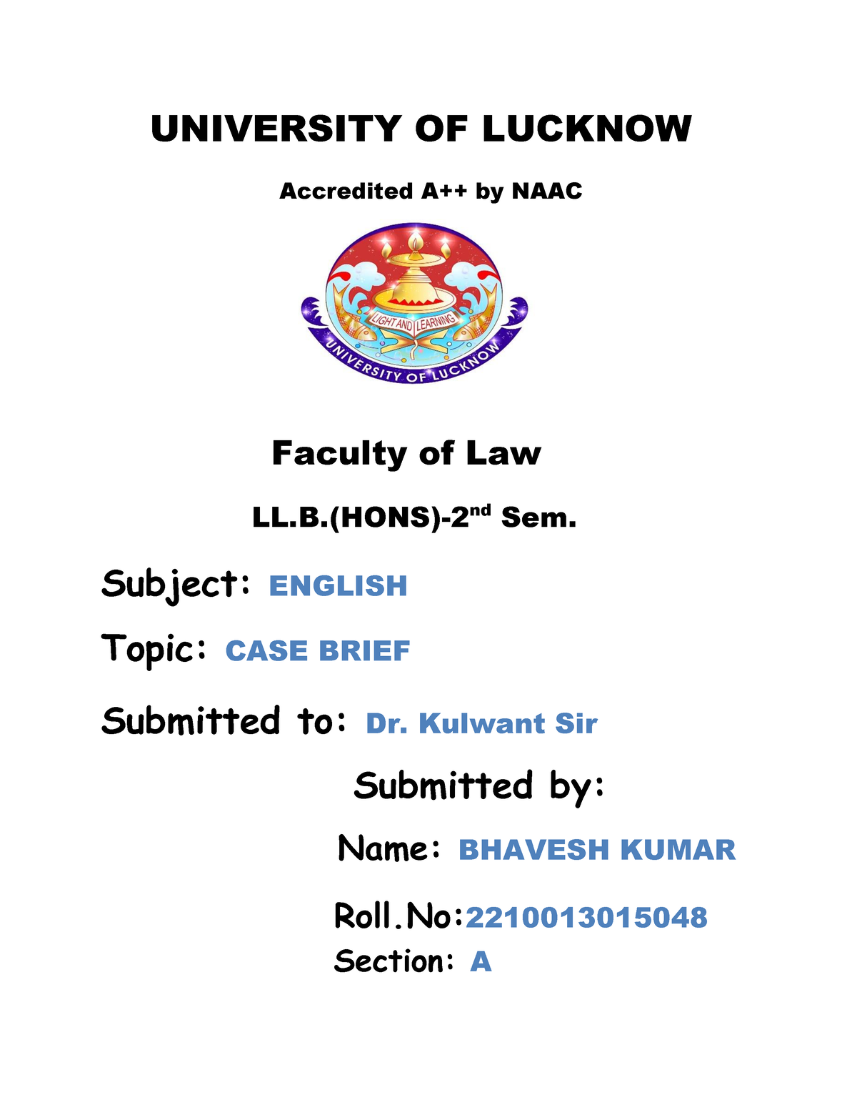 front page of assignment lucknow university