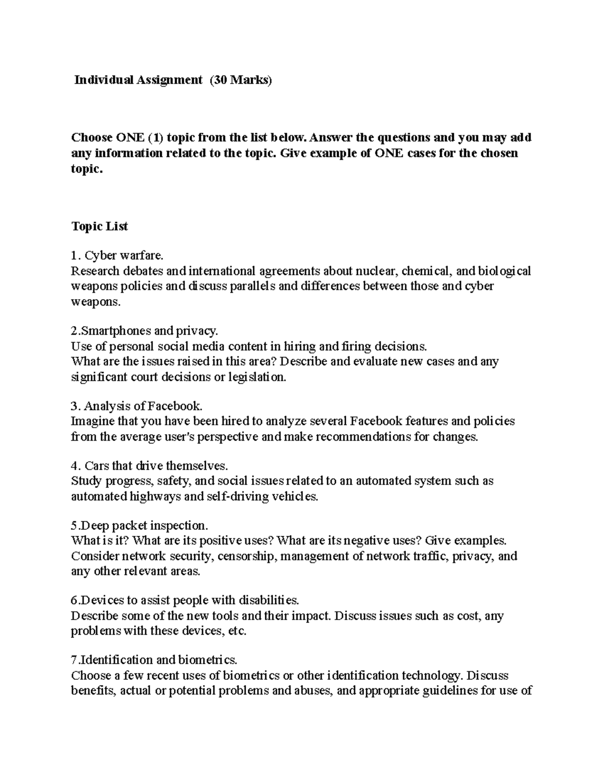 Individual Assignment apr2020 - Individual Assignment (30 Marks) Choose ...