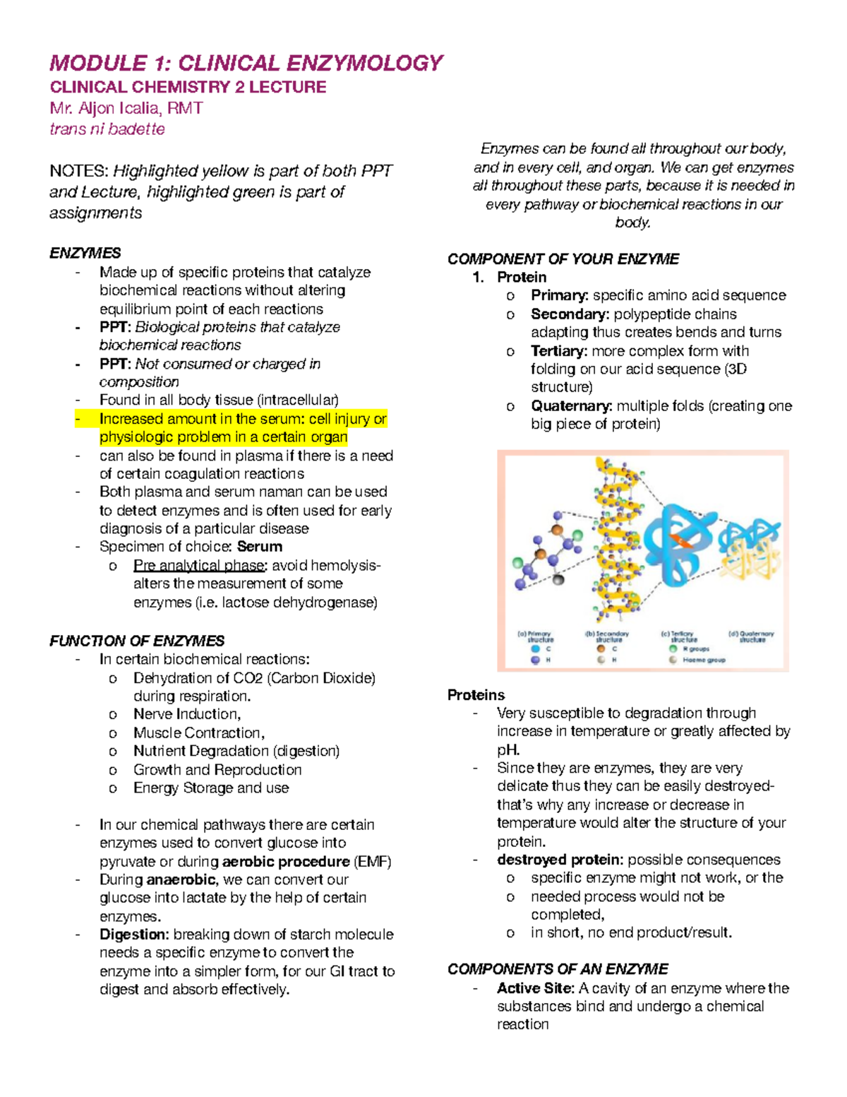 CC2 LEC L1 Clinical Enzymology - MODULE 1: CLINICAL ENZYMOLOGY CLINICAL ...