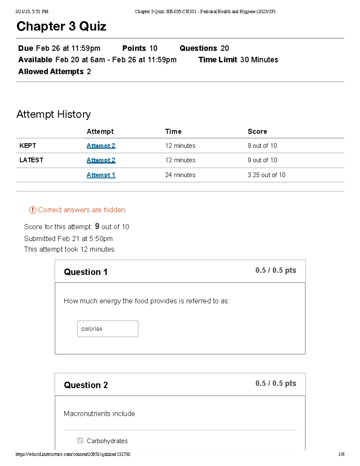 Chapter 3 Quiz HE035CHS01 Personal Health and Hygiene (2023 SP