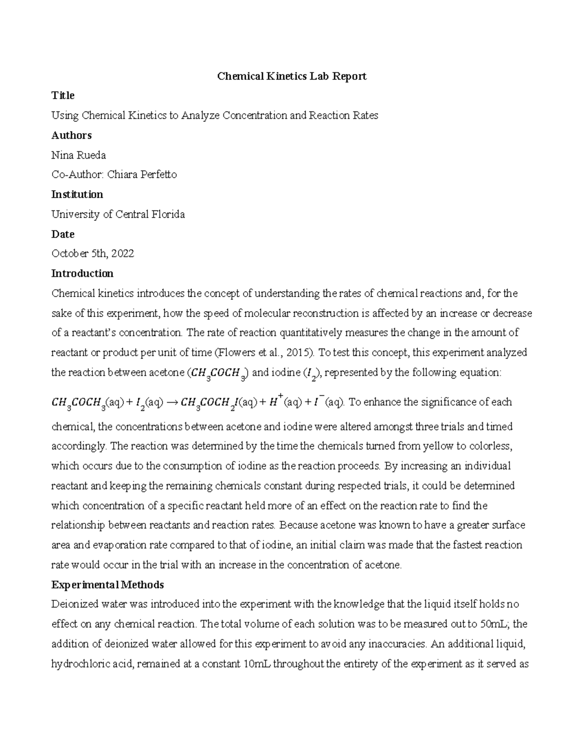 Chemical Lab Report Chemical Lab Report Title Using