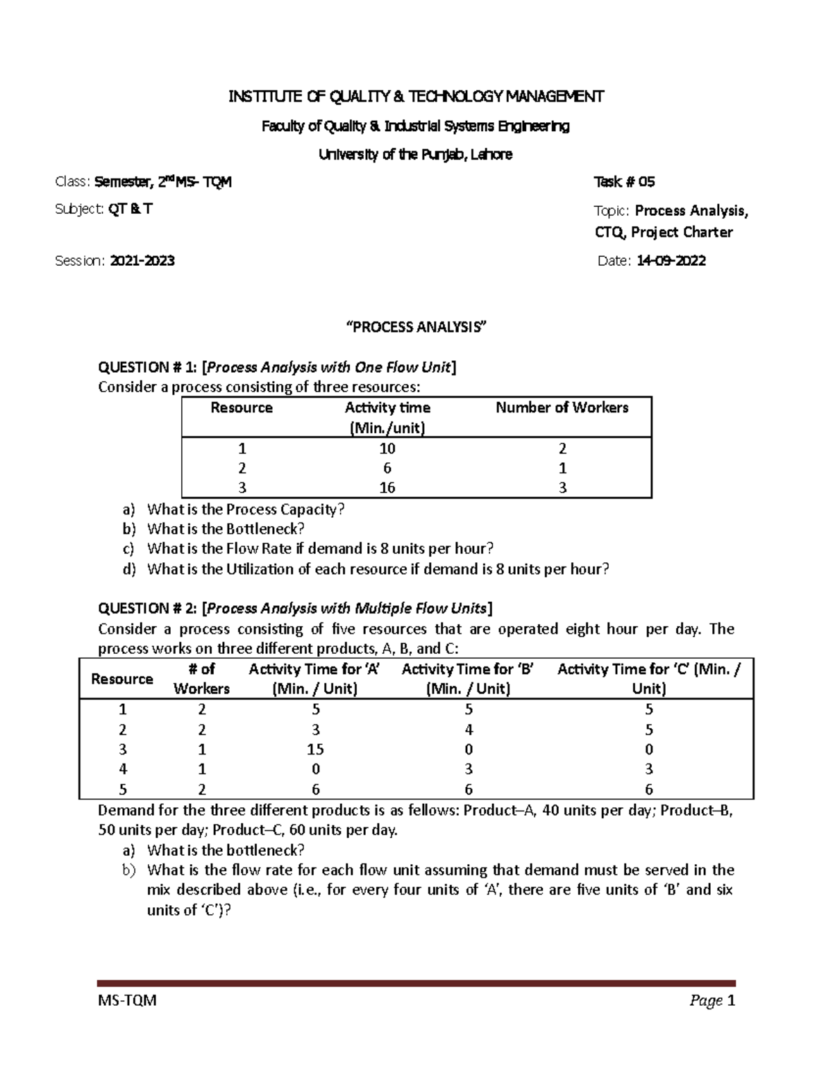 Task 05 Pa Ctq Pc Institute Of Quality Technology Management