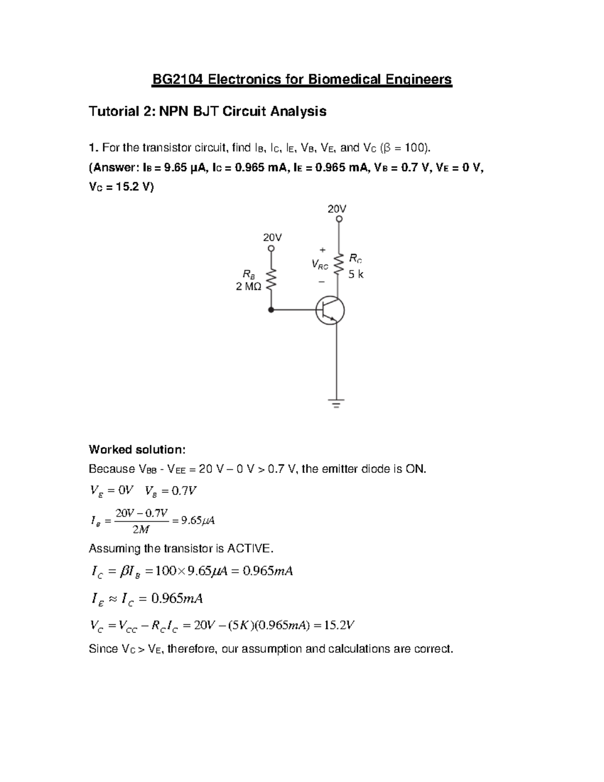 Tutorial 2 NPN BJT Solution Detailed BG2104 NTU Studocu