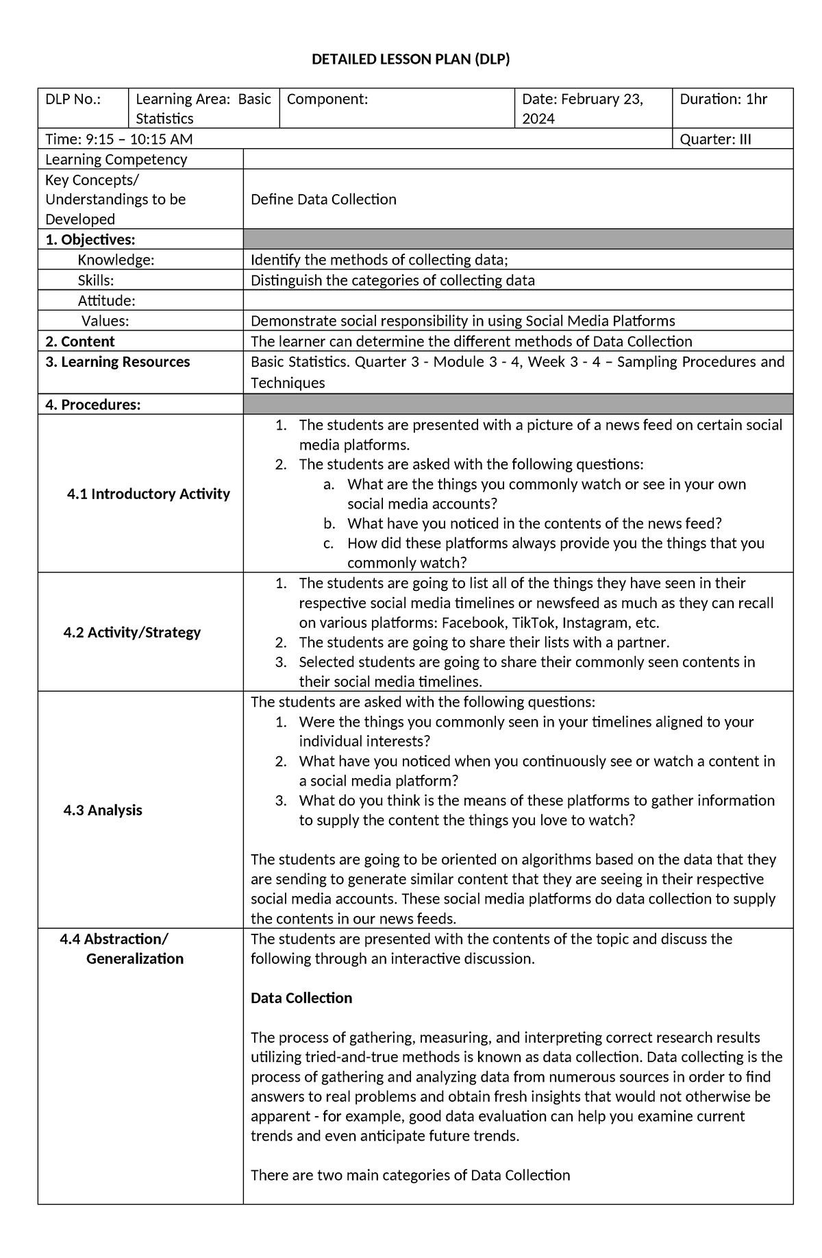 Methods of Data Collection DLP - DETAILED LESSON PLAN (DLP) DLP No ...