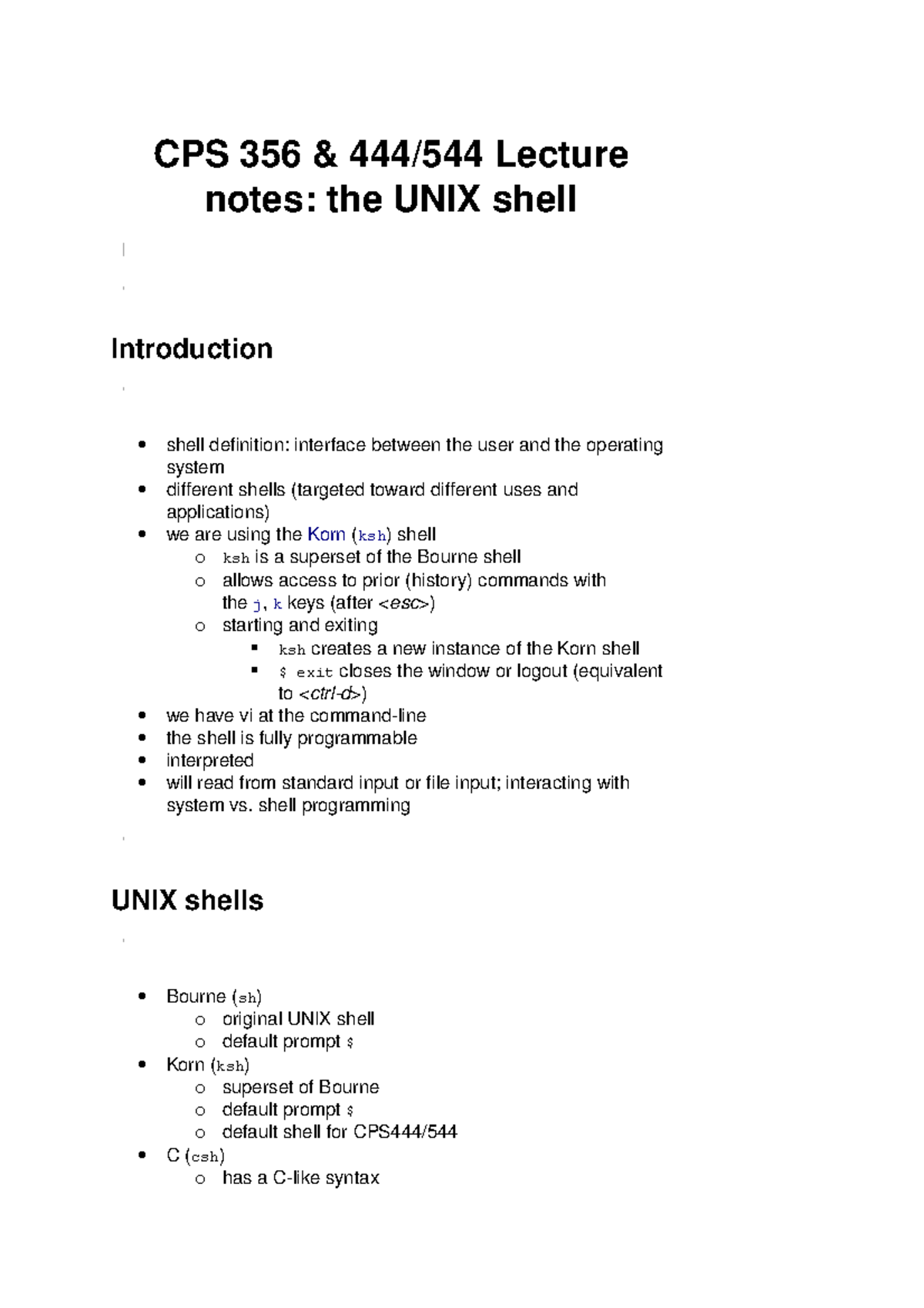 2009-2010-lecture-notes-5-the-unix-shell-cps-356-444-544-lecture