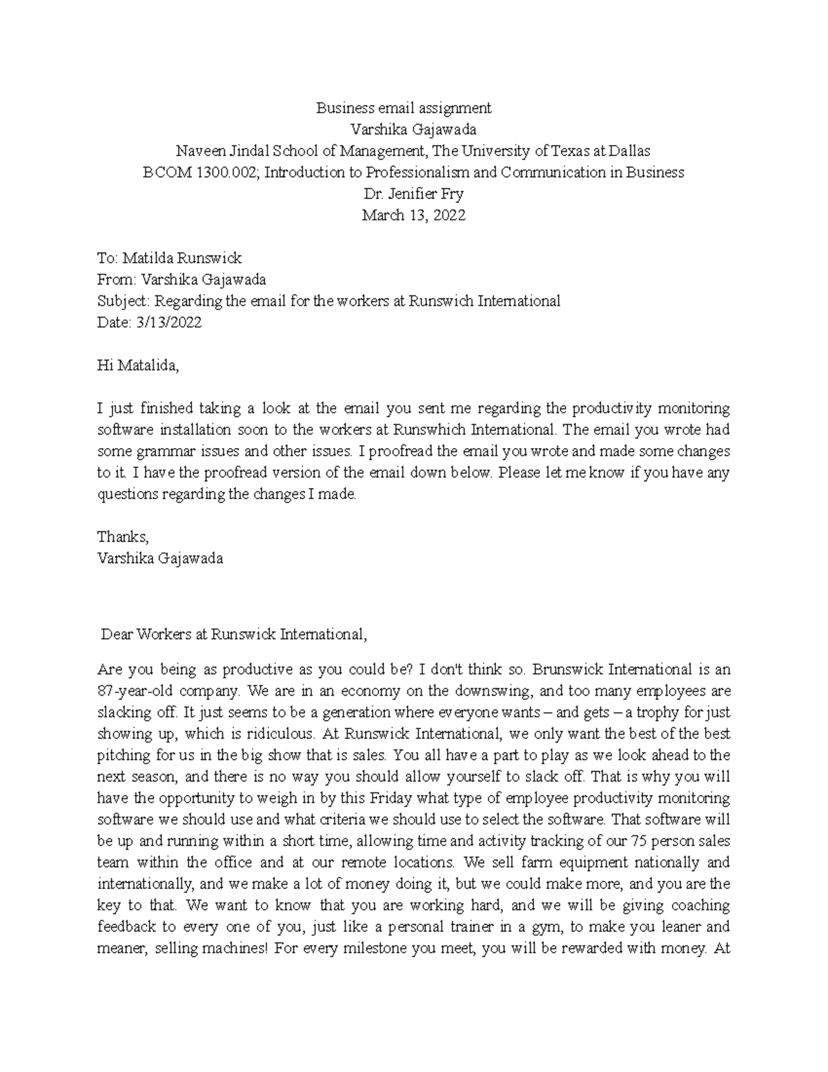 Business email assignment - Business email assignment Varshika Gajawada ...