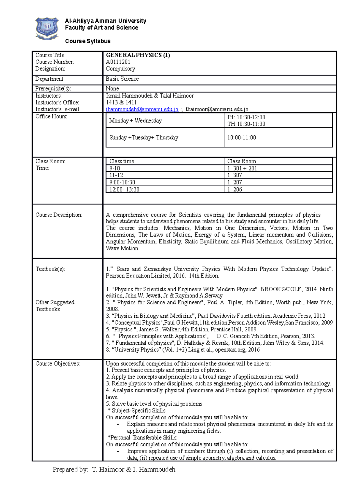 Syllabus for physics 1 (2017-2018 ) - Al-Ahliyya Amman University ...