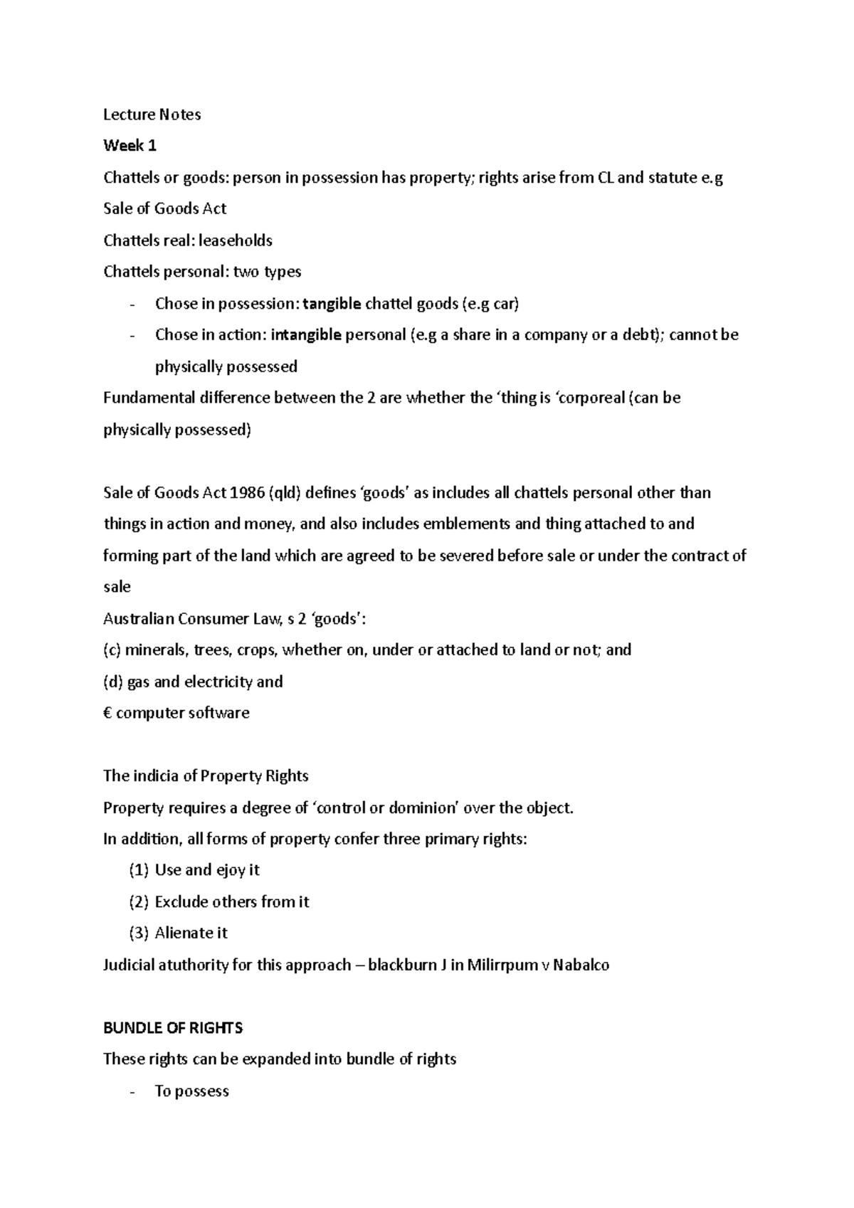 Lecture Notes - Lecture Notes Week 1 Chattels or goods: person in ...