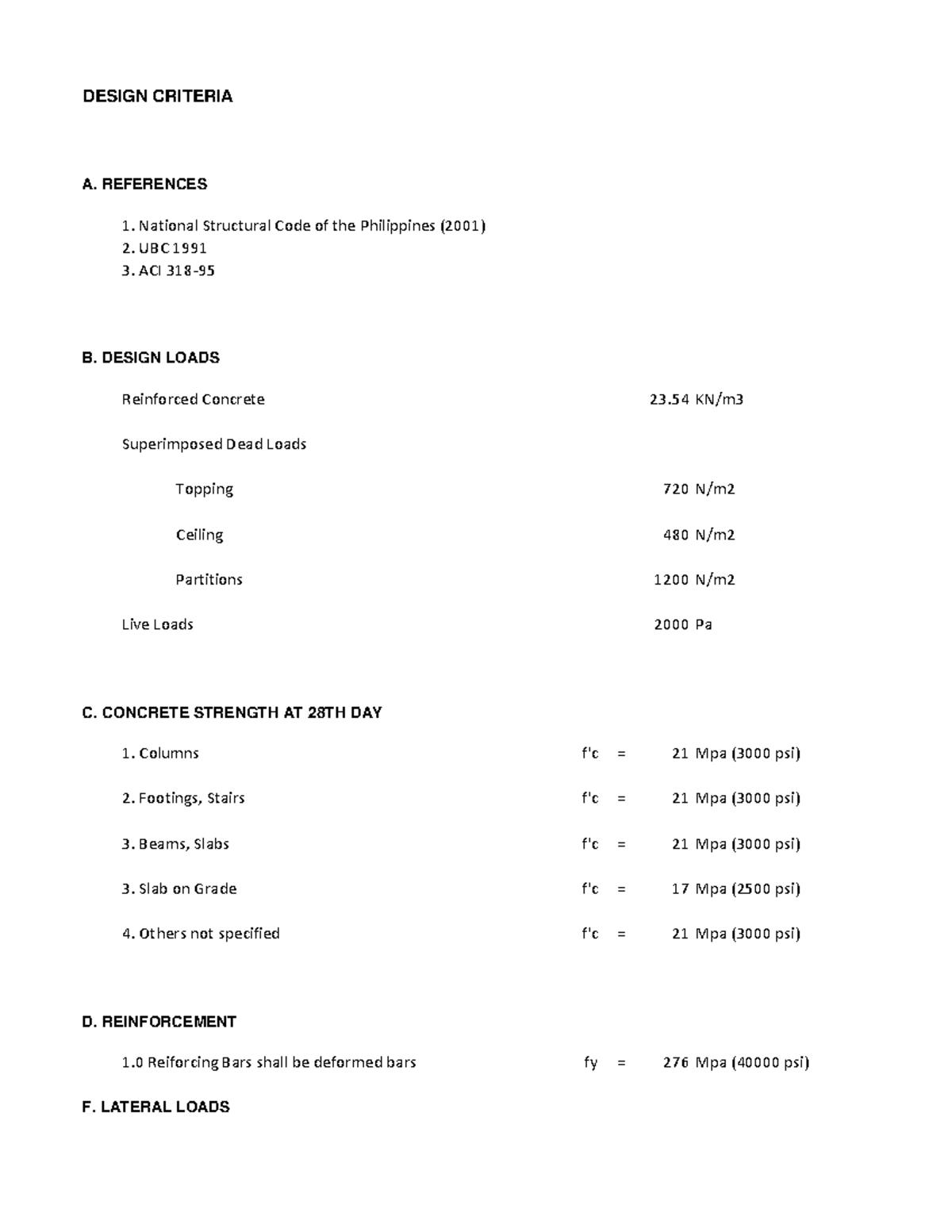 Design Criteria - Structural analysis - DESIGN CRITERIA A. REFERENCES 1 ...