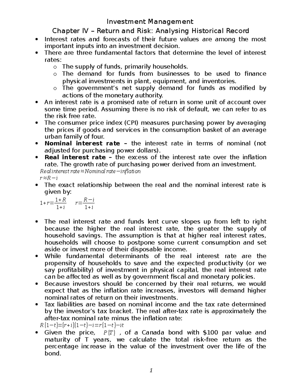 Lecture notes, Return and Risk - Analysing Historical Record - Chapter ...