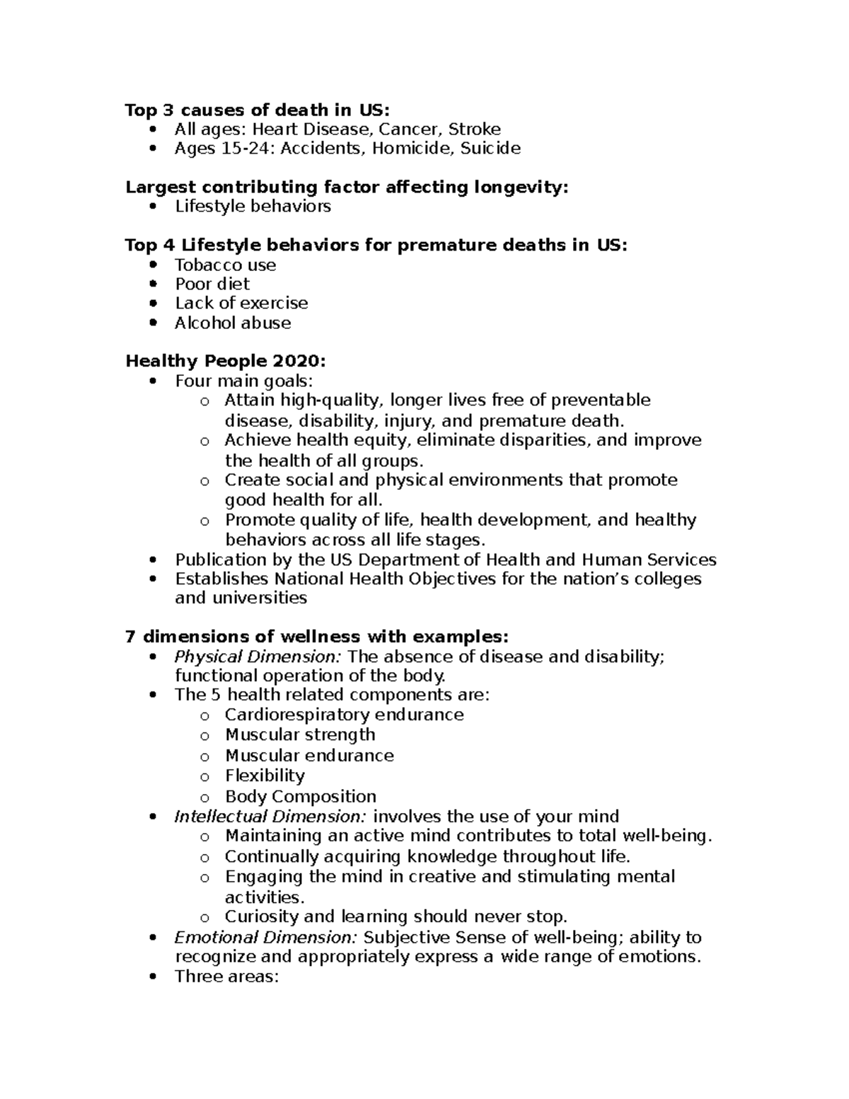 PFW Fall Midterm Review Top 3 causes of death in US All ages Heart