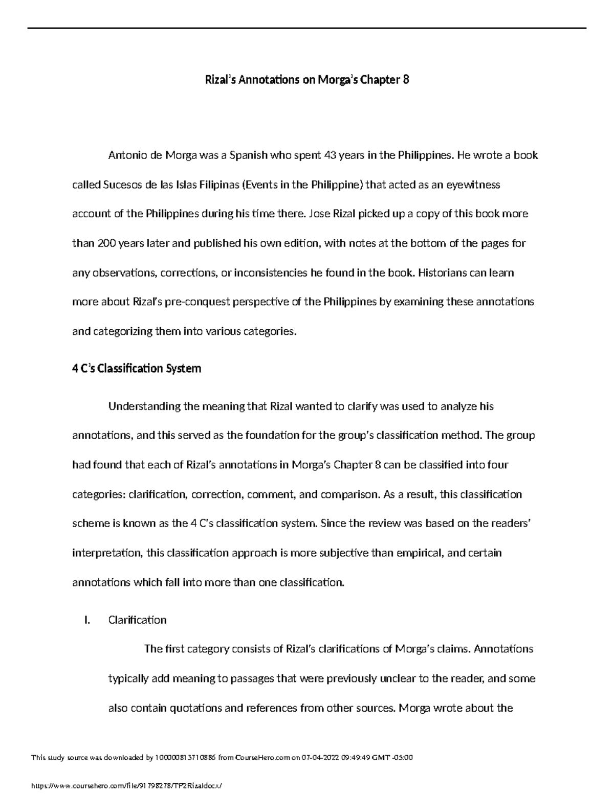 TP2 assignment only Rizal’s Annotations on Chapter 8