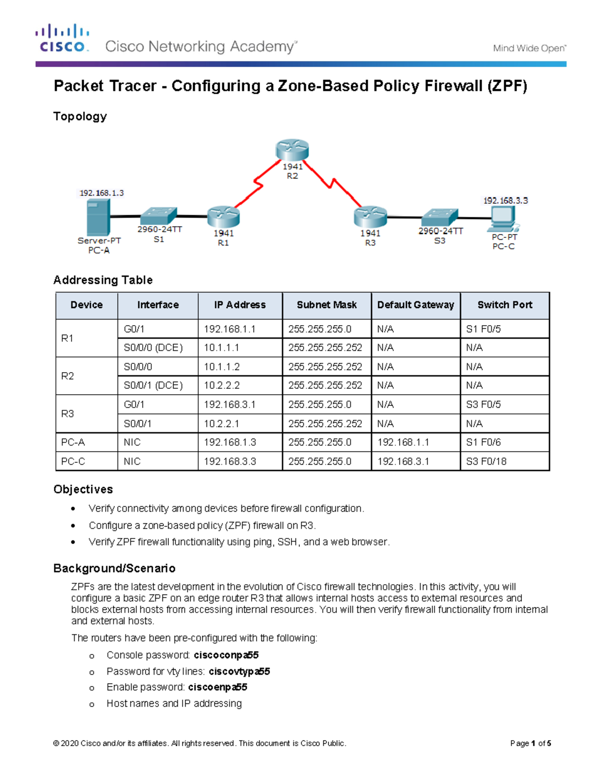 Lab 7 Packet Tracer Configuring a ZoneBased Policy Firewall Studocu